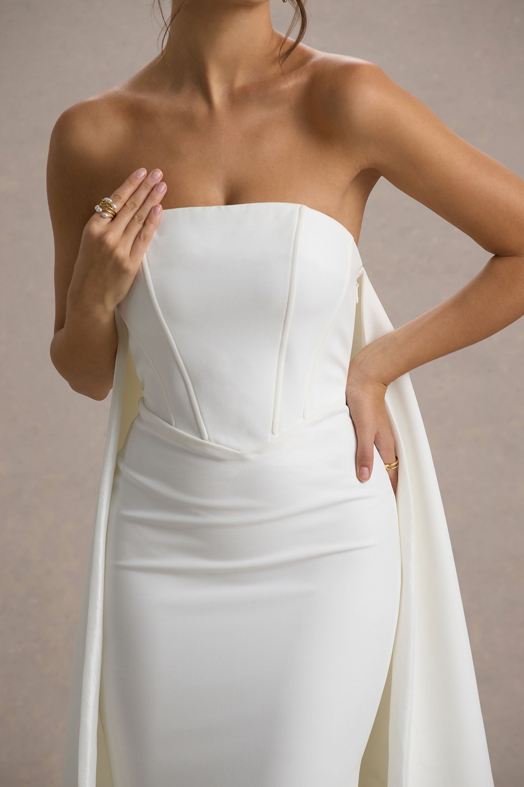 She's Trouble | White Bandeau Maxi Dress With Cape-Sowoom