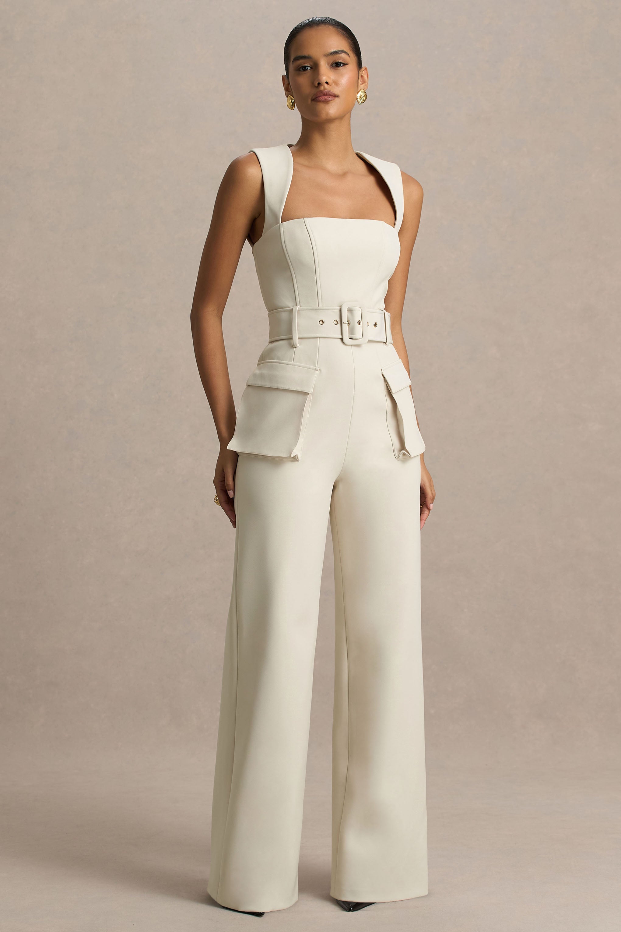 Solice | Cream Square-Neck Tailored Jumpsuit-Sowoom