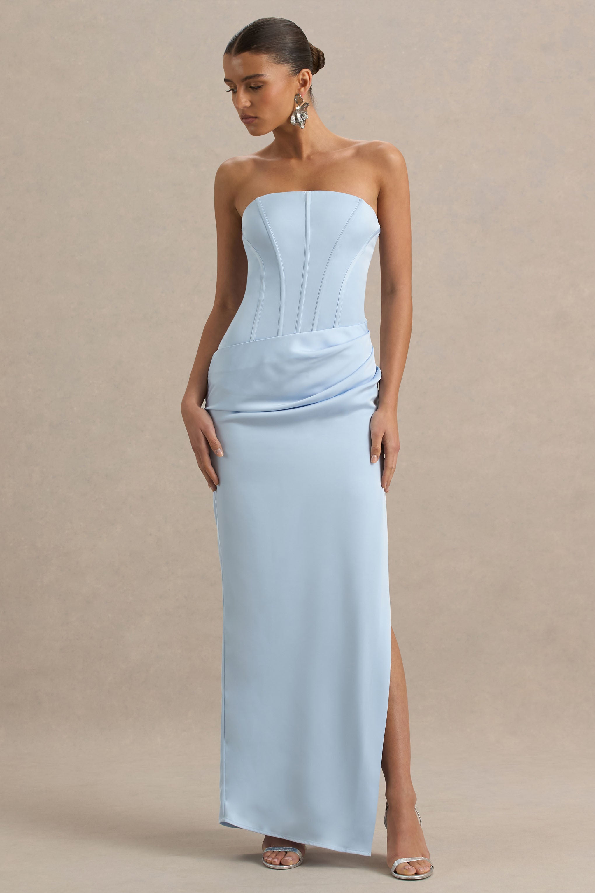 Joseline | Powder Blue Satin Corset Wrap Maxi Dress With Scarf-Sowoom