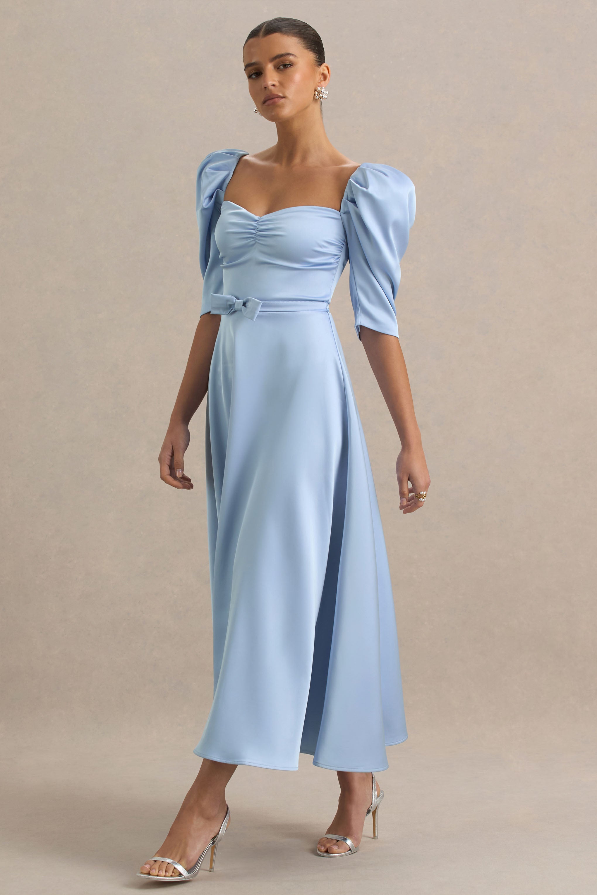 Rosey | Powder Blue Satin Sweetheart Midi Dress-Sowoom
