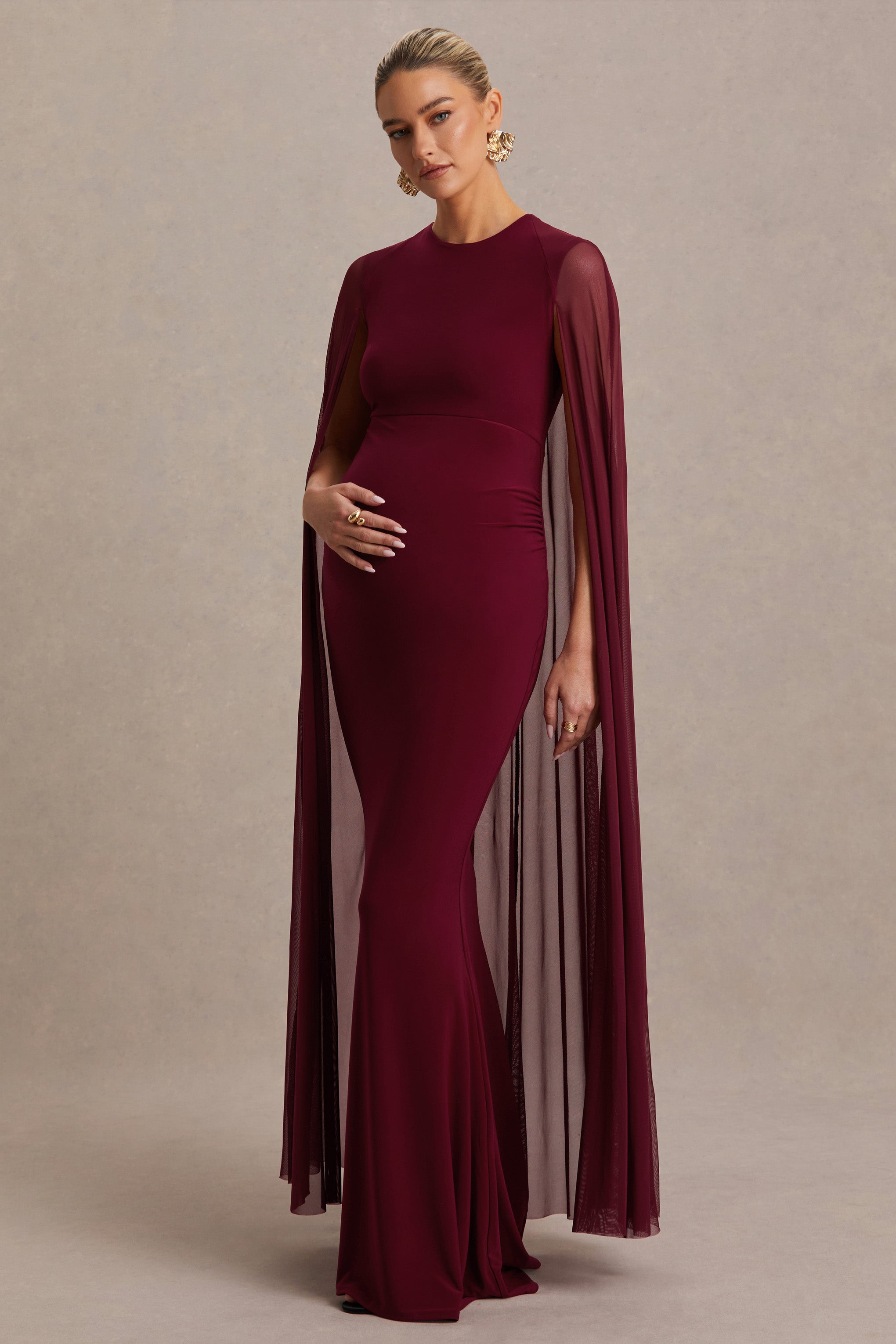 Currant | Berry High-Neck Maternity Maxi Dress With Cape-Sowoom