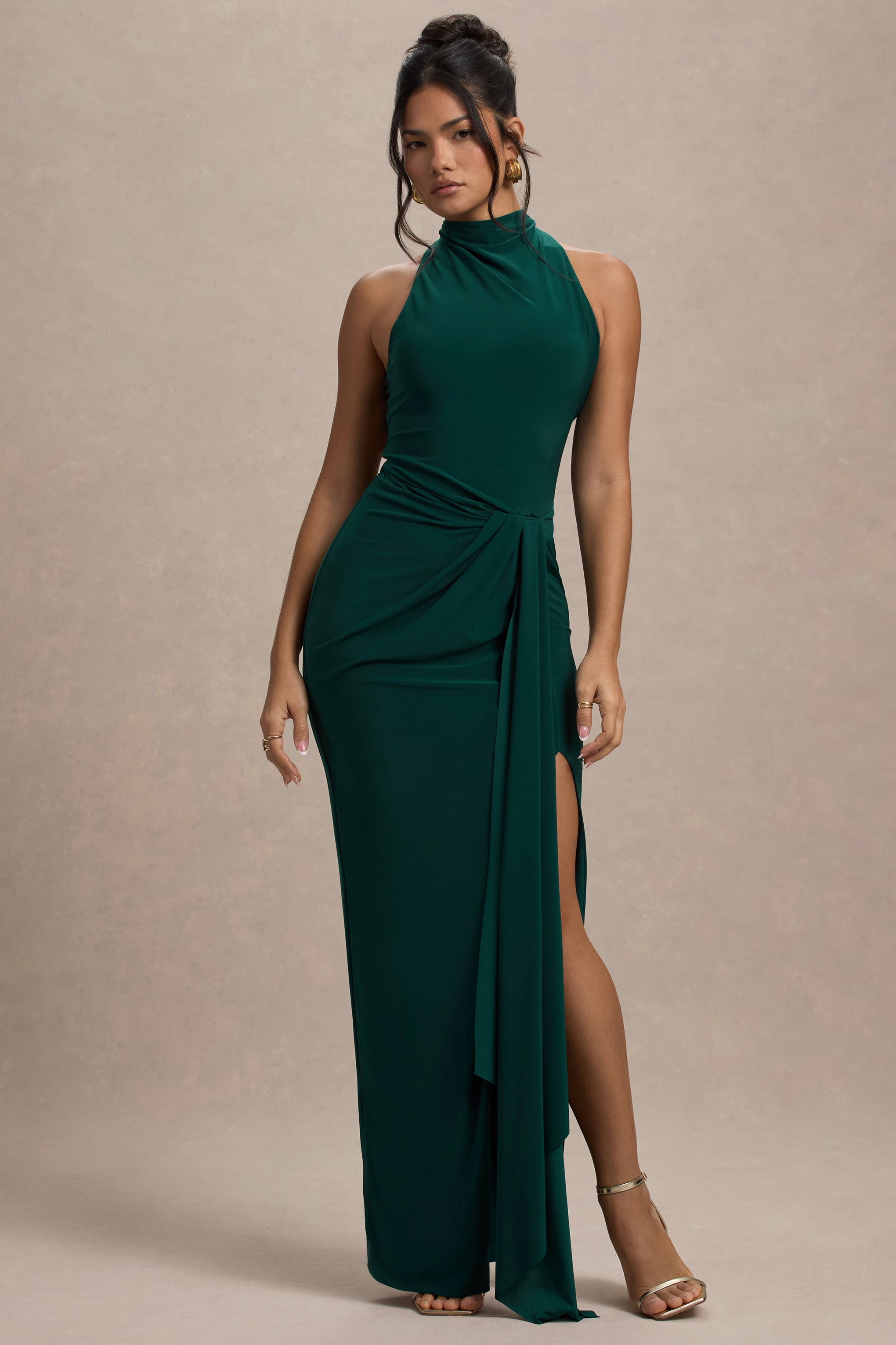 Khari | Bottle Green High-Neck Twisted Maxi Dress With Drape-Sowoom