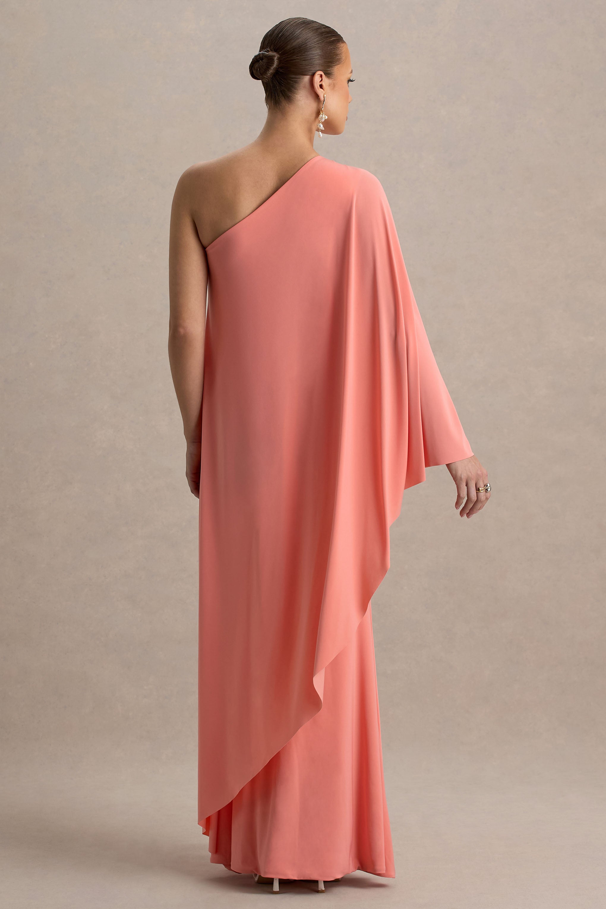 Waves | Coral Asymmetric Maternity Maxi Dress With One-Sleeve Cape-Sowoom