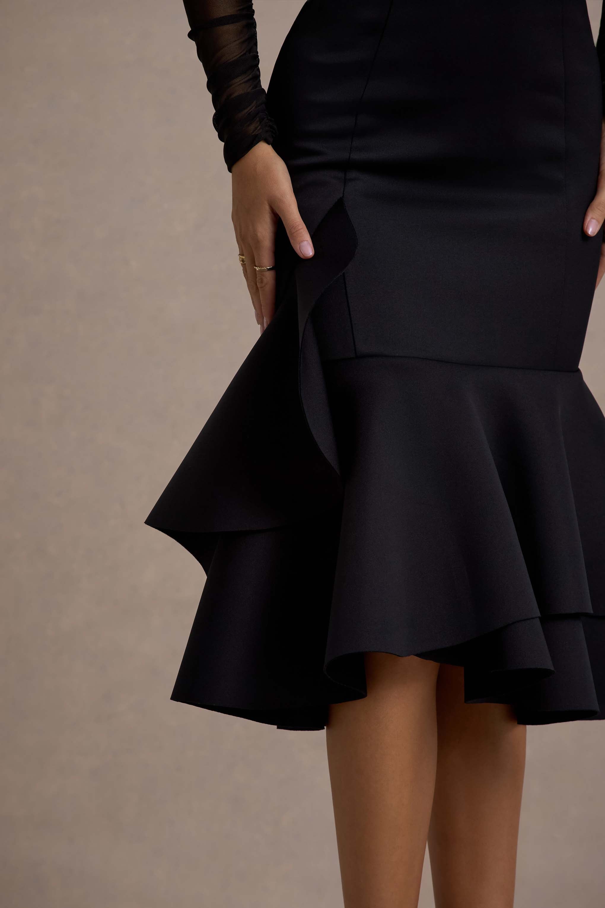 Sander | Black Mesh Long-Sleeve Ruffle-Hem Midi Dress-Sowoom