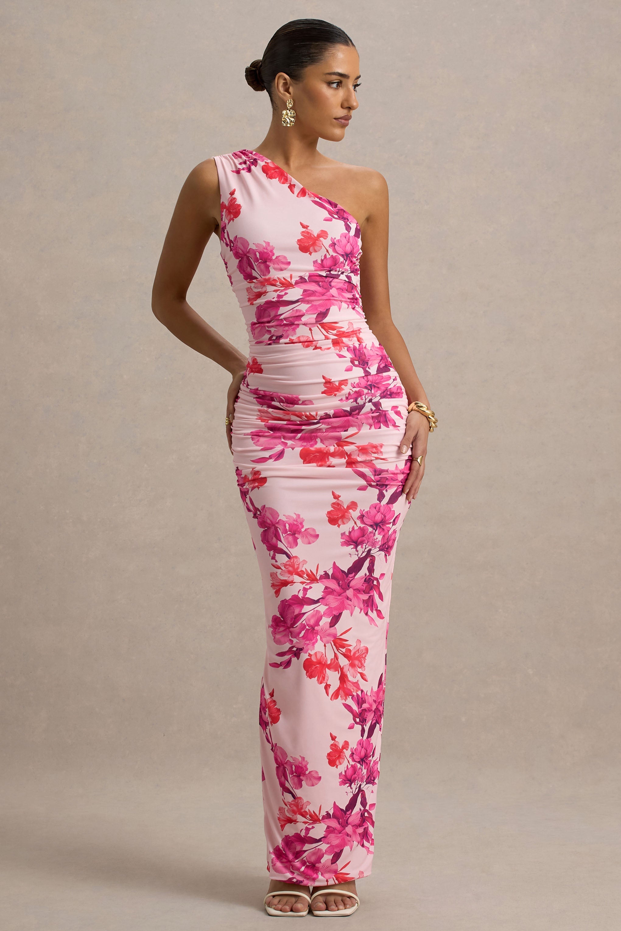 Dalarie | Pink and Orange Floral Print One-Shoulder Gathered Maxi Dress-Sowoom