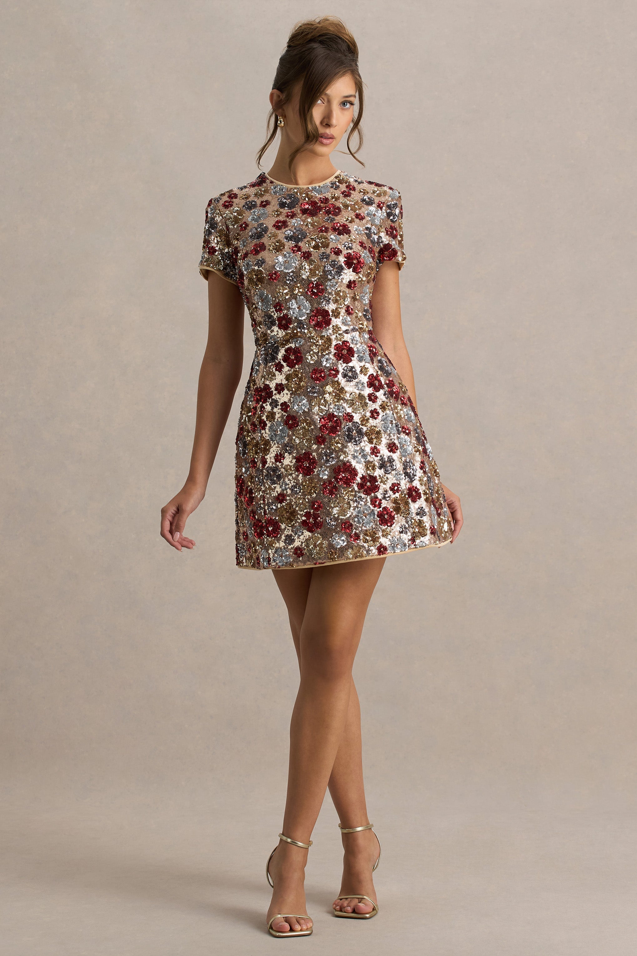Eira | Red Floral Embellished Sequin Crew-Neck Mini Dress-Sowoom