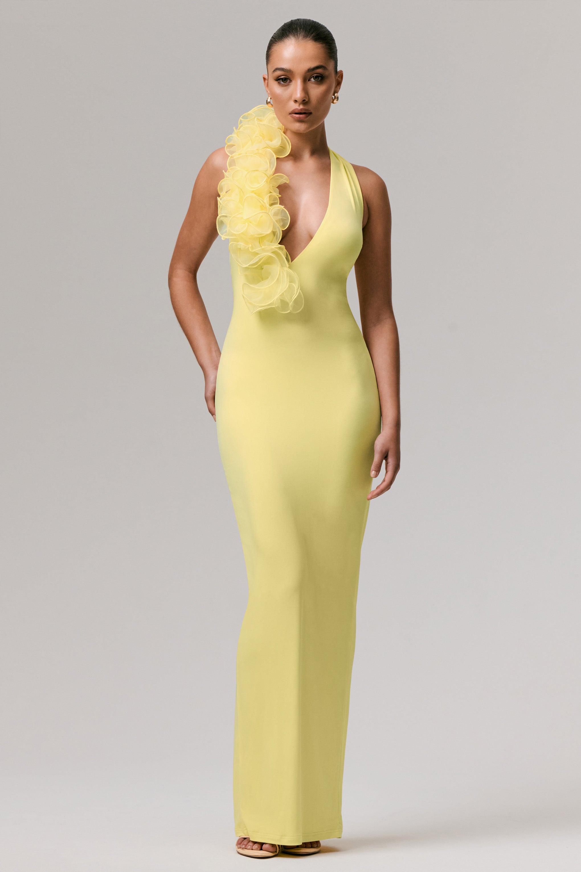 Harriet | Lemon Plunge-Neck Maxi Dress With Floral Detail-Sowoom