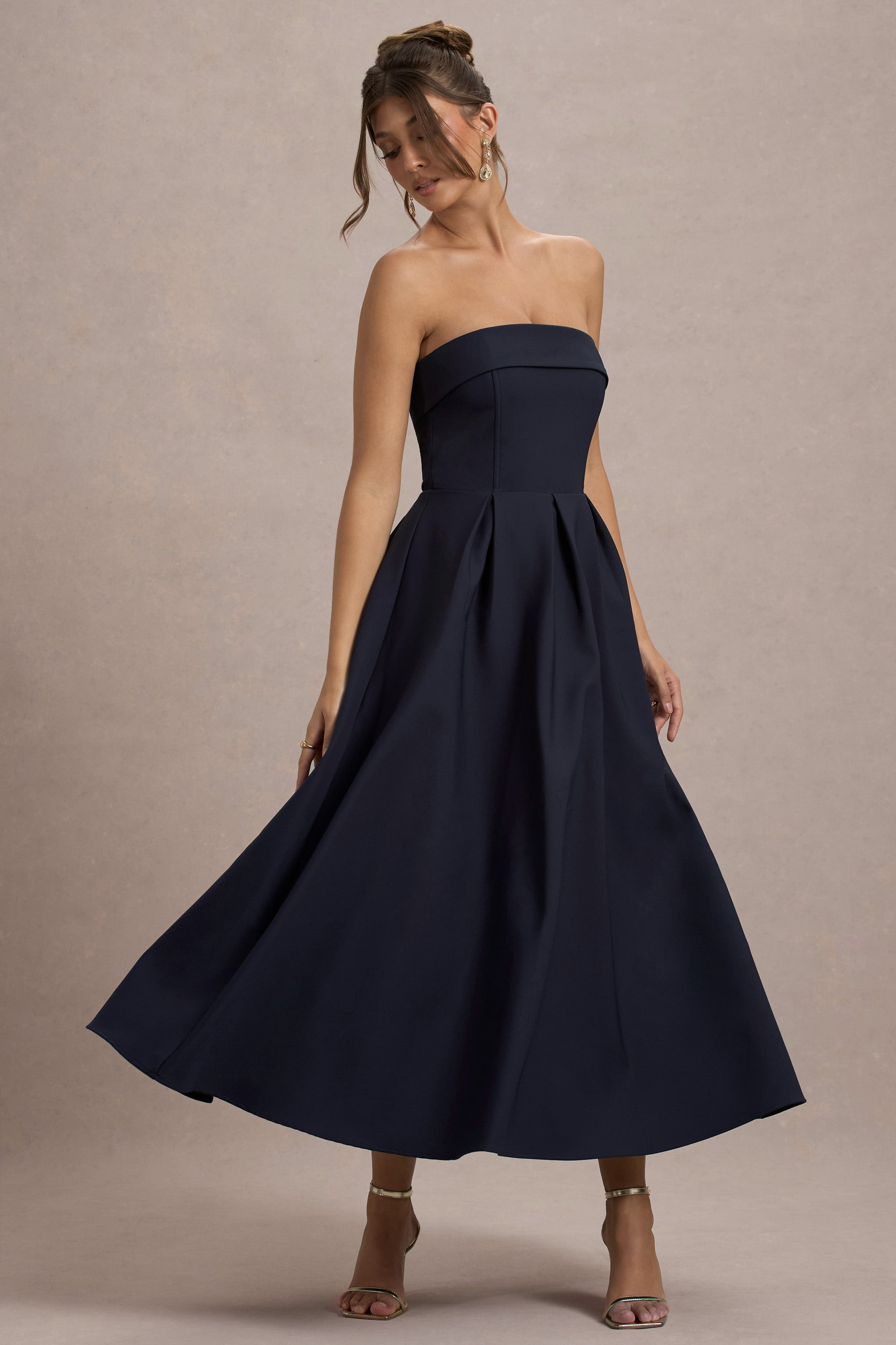 Annalise | Navy Bandeau Skater Midi Dress-Sowoom