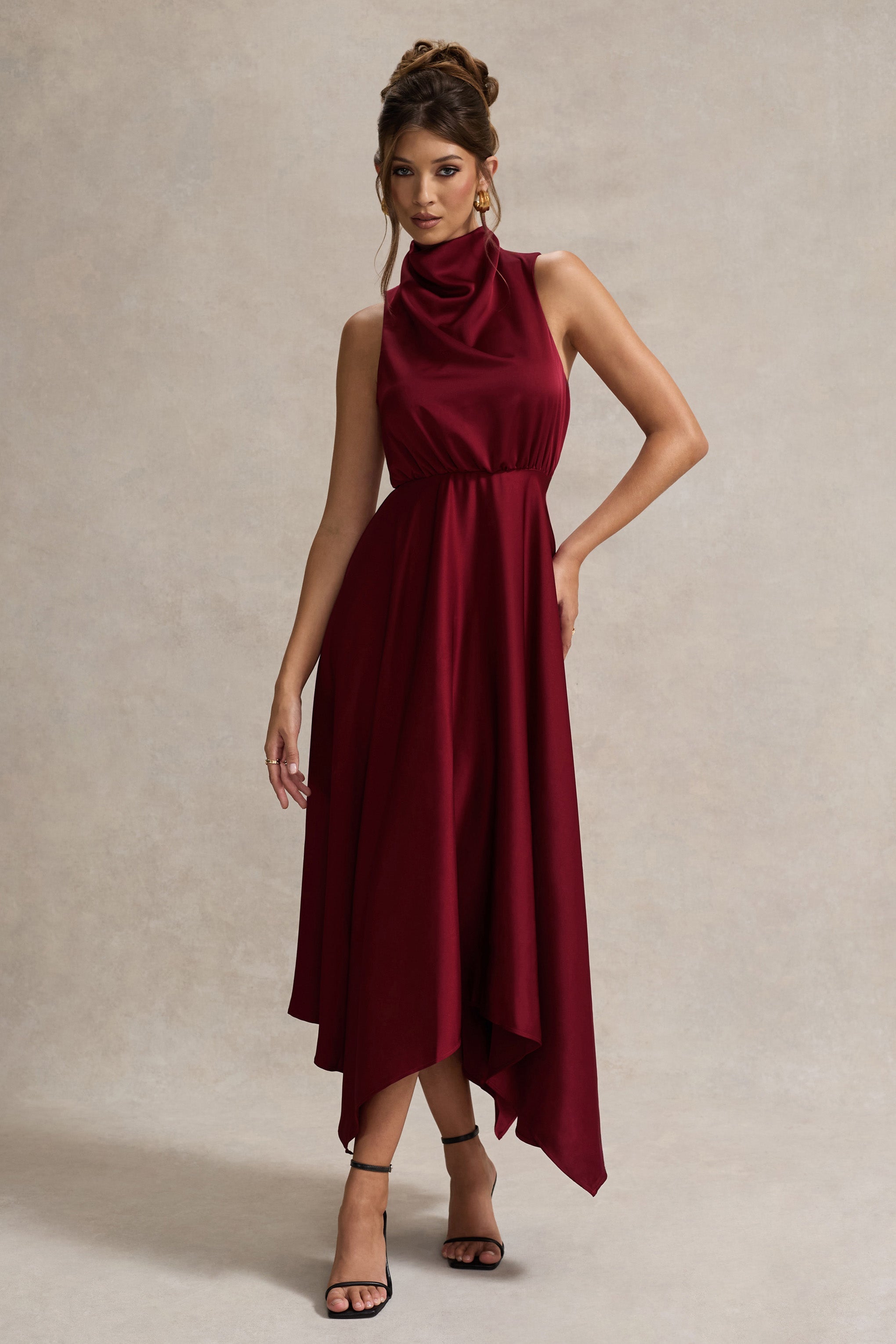 Kerri | Berry Satin Cowl-Neck Maxi Dress-Sowoom