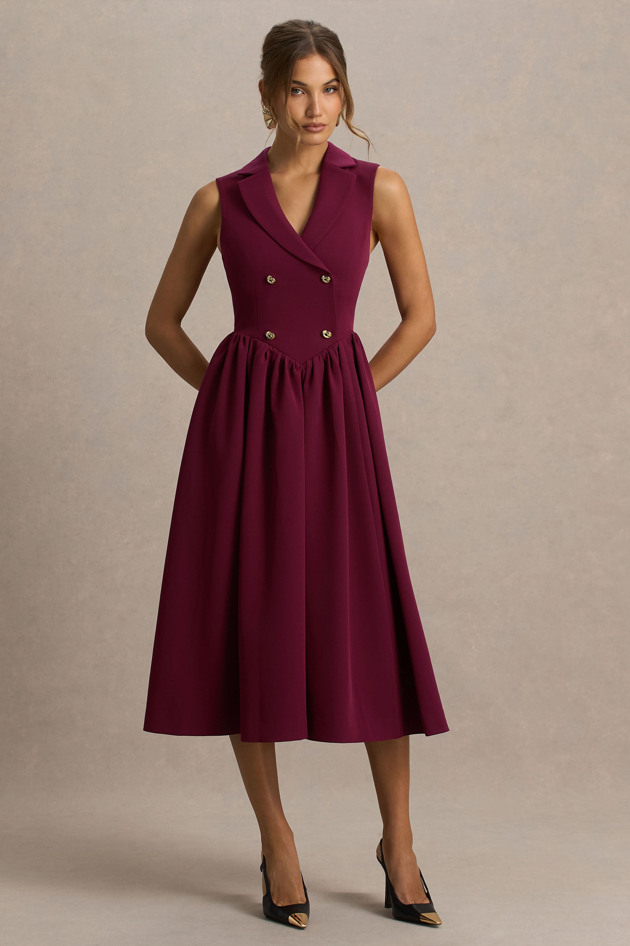 Lisa | Burgundy Plunge-Neck Tailored Midi Dress With Button-Detailing-Sowoom