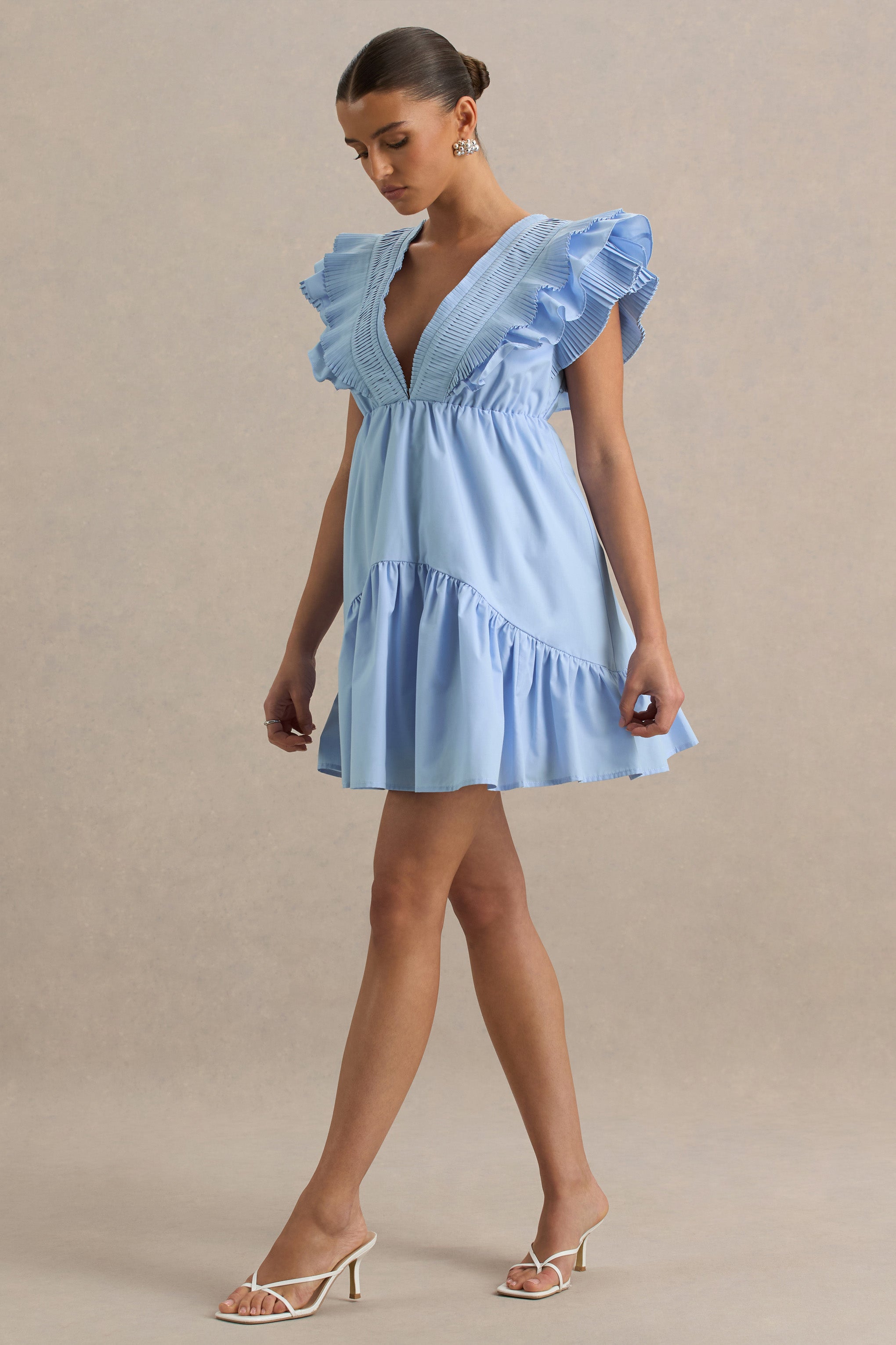 Judie | Blue Poplin V-Neck Ruffled Mini Dress-Sowoom