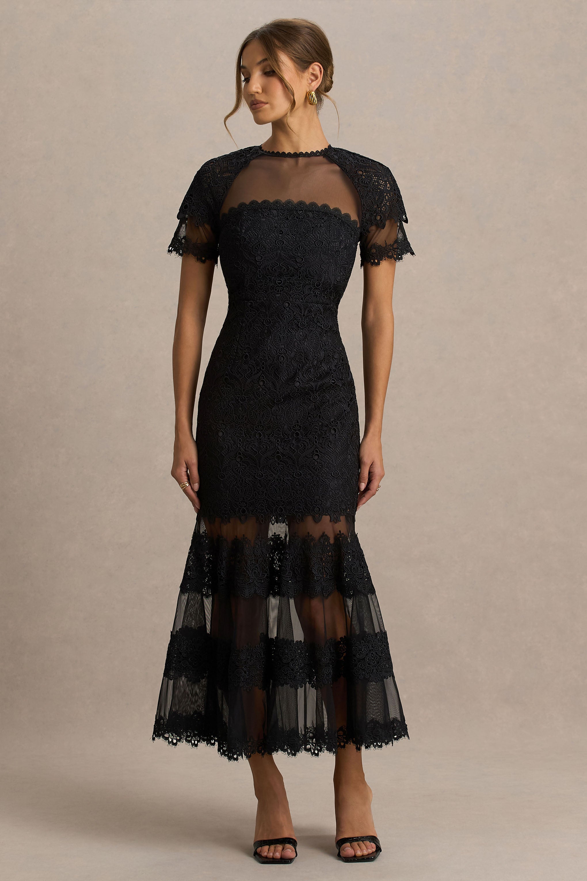 Leanne | Black Mesh And Lace Crew-Neck Fishtail Midi Dress-Sowoom