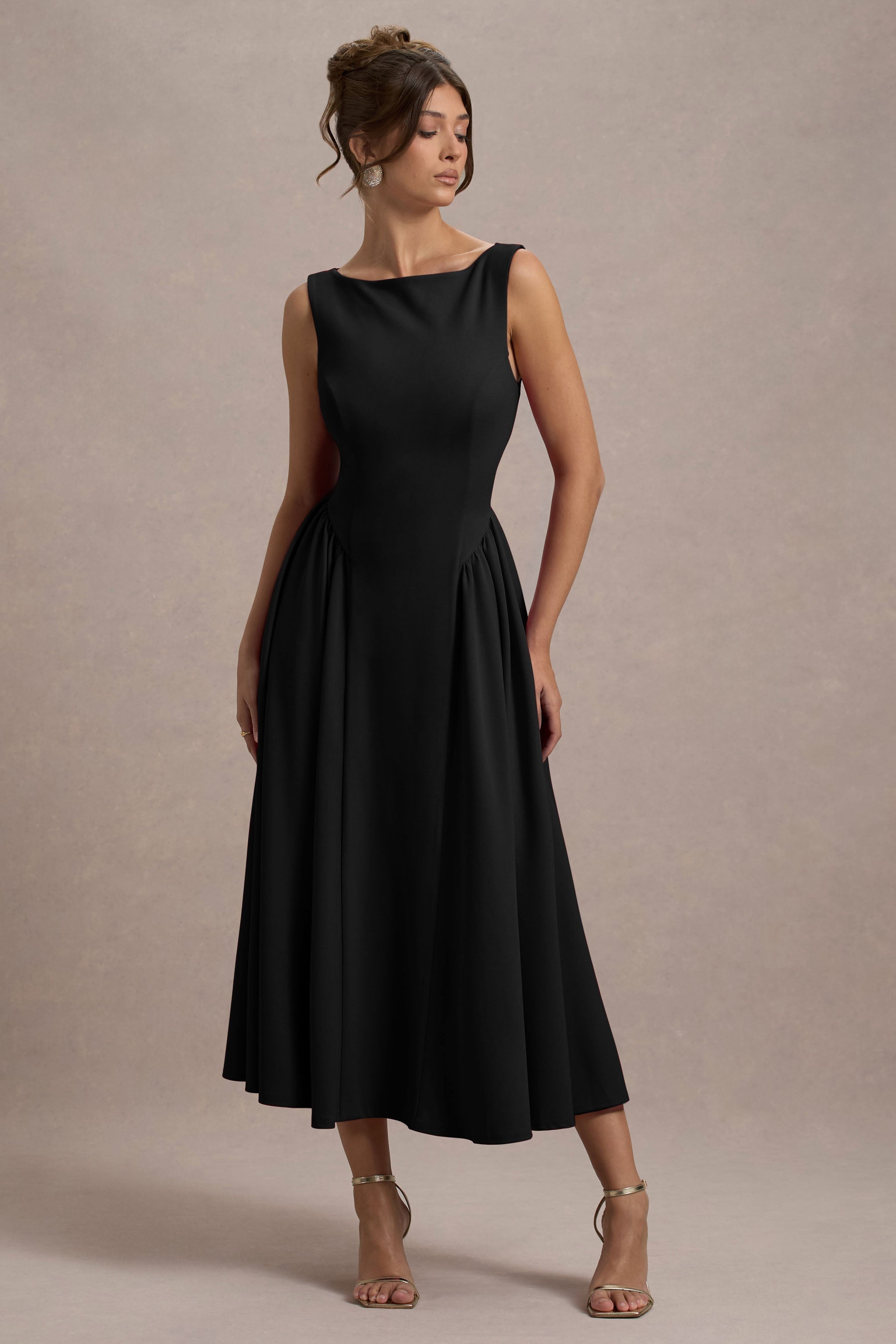 Muriel | Black Boat-Neck Volume-Hem Midi Dress-Sowoom