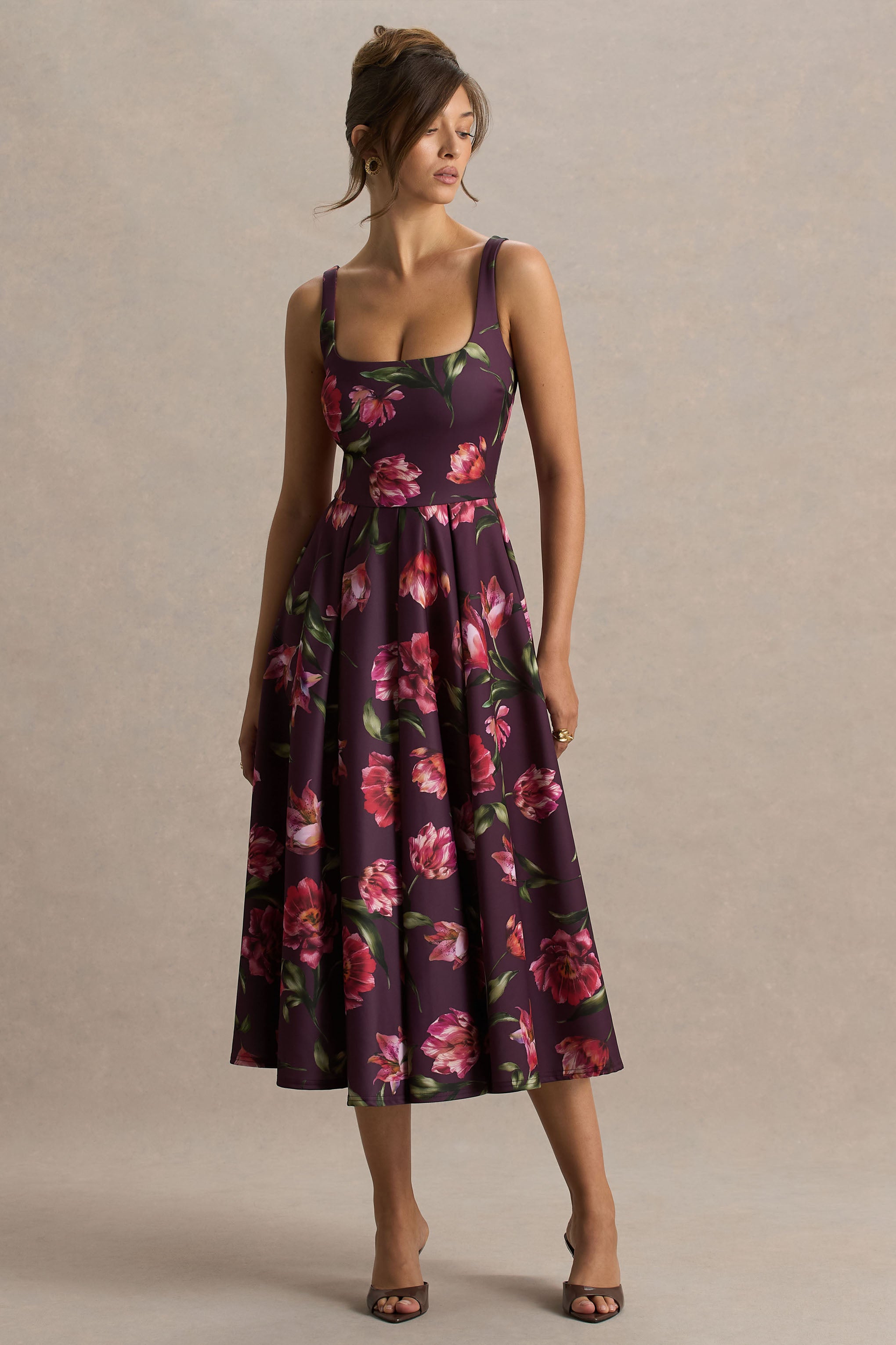 Berta | Burgundy Floral Print Square-Neck Midi Dress-Sowoom