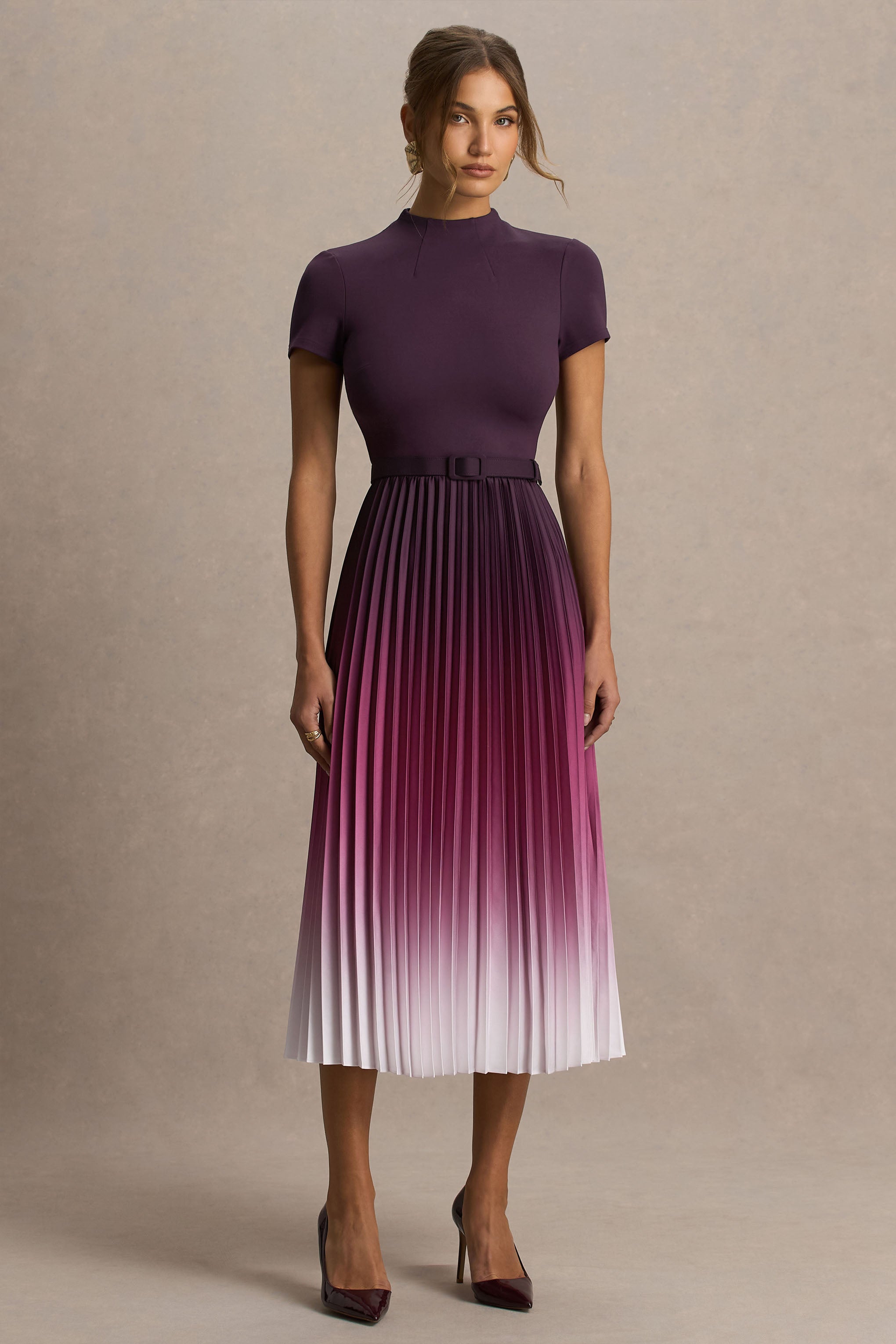 Libby | Burgundy Ombre Woven High-Neck Midi Dress With Pleated Detailing-Sowoom