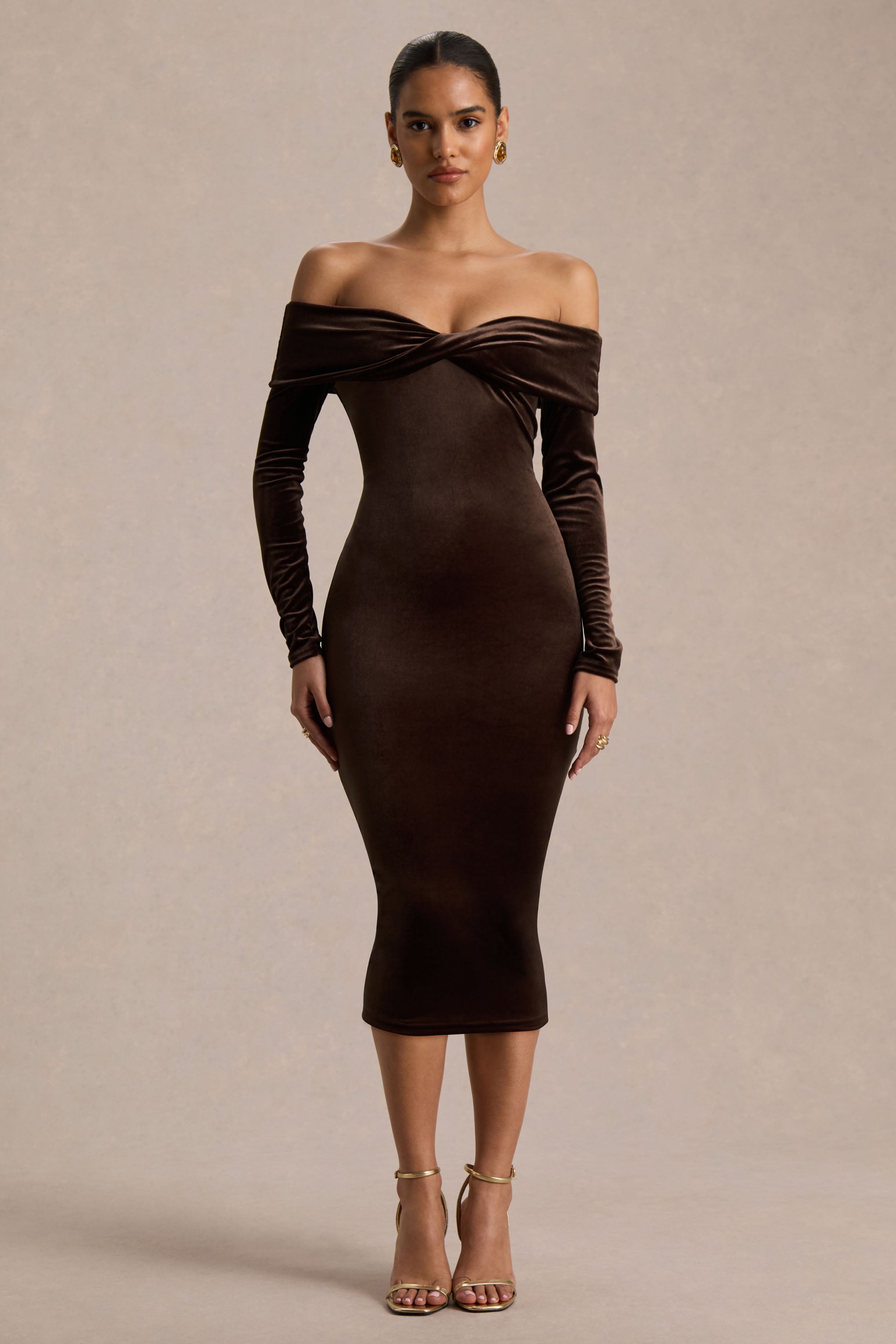 Compliment | Brown Velvet Bardot Midi Dress-Sowoom