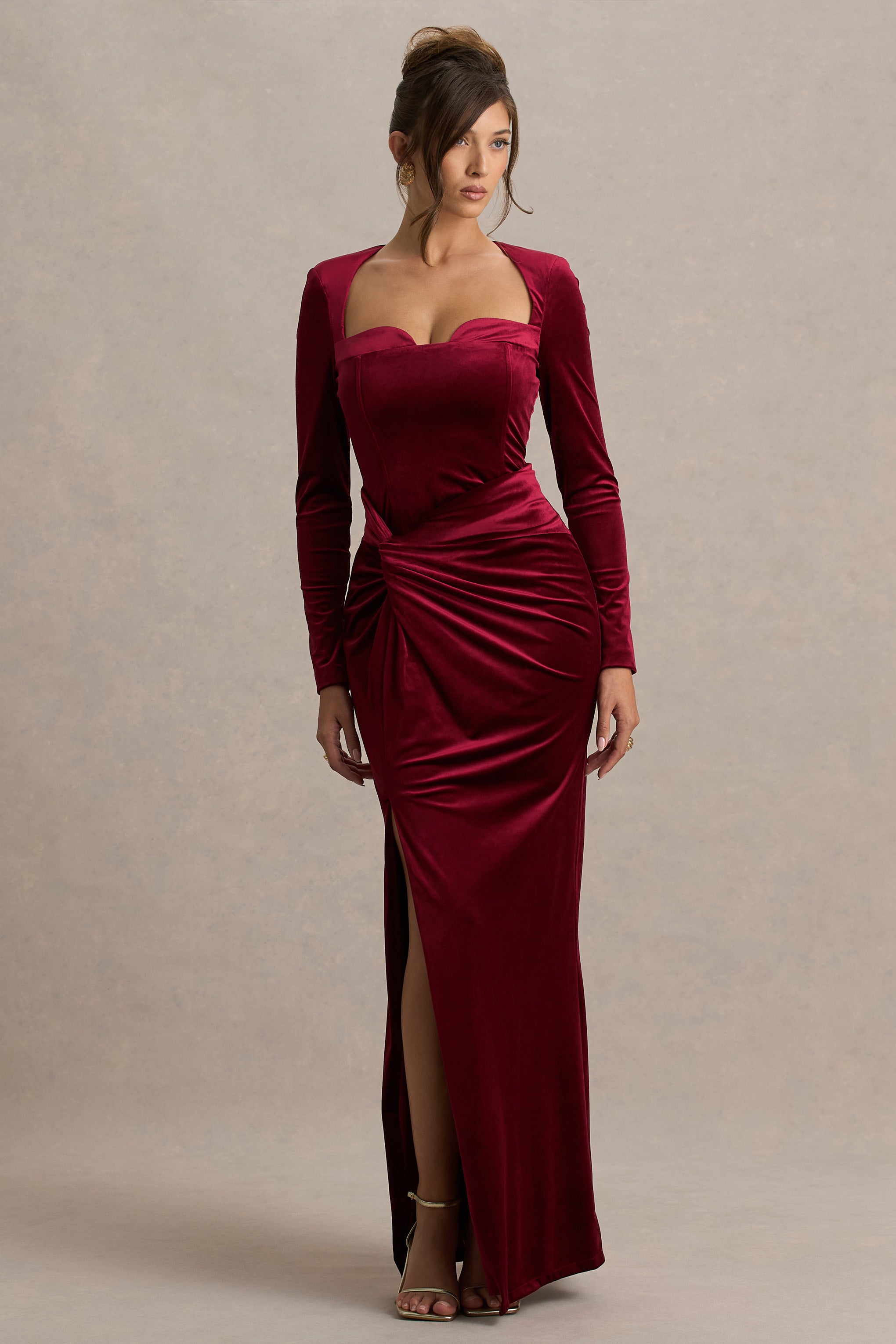 Fay | Berry Velvet Corset Style Knot Maxi Dress-Sowoom