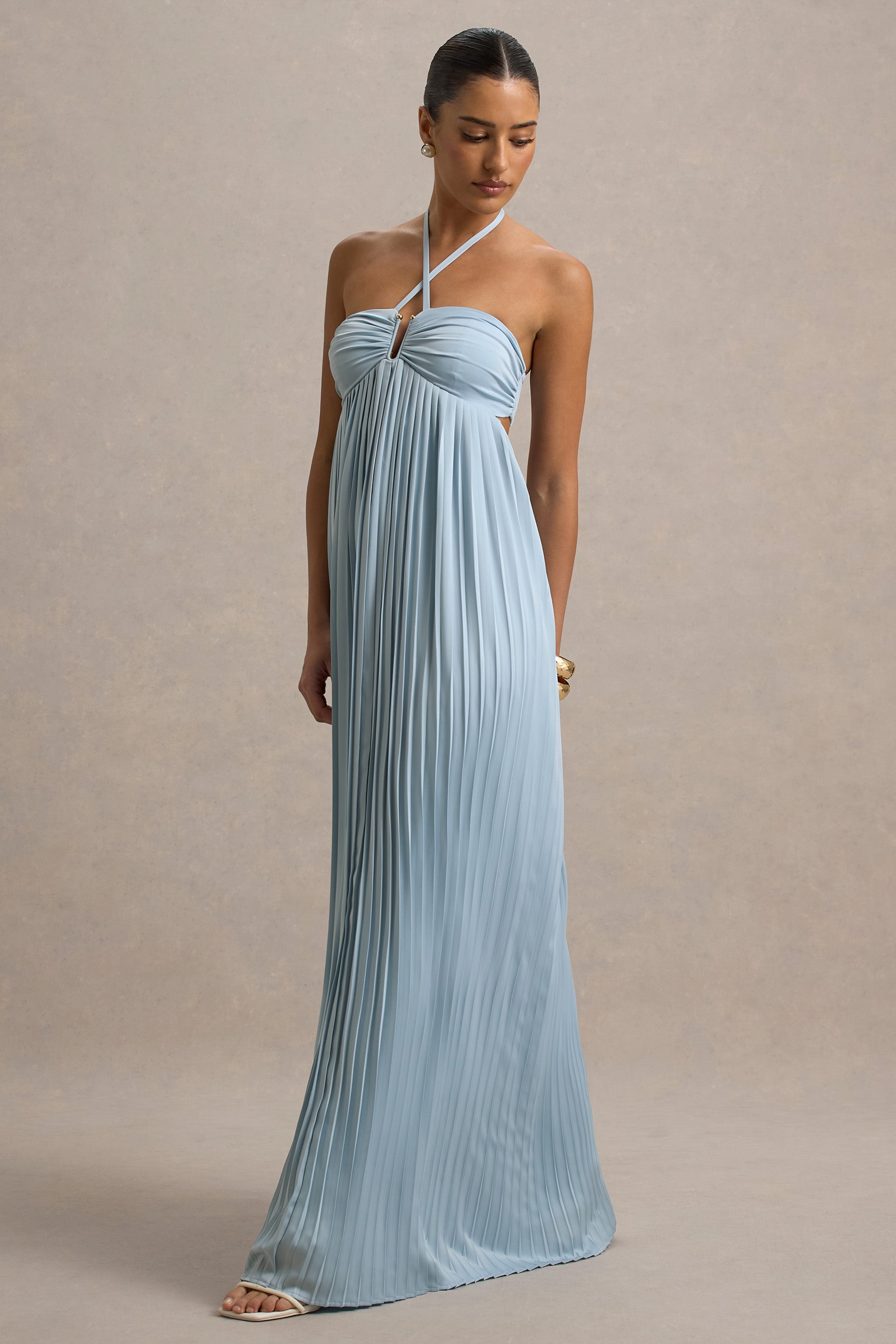 Elayne | Powder Blue Halter-Neck Maxi Dress With Cut-Out Detail-Sowoom