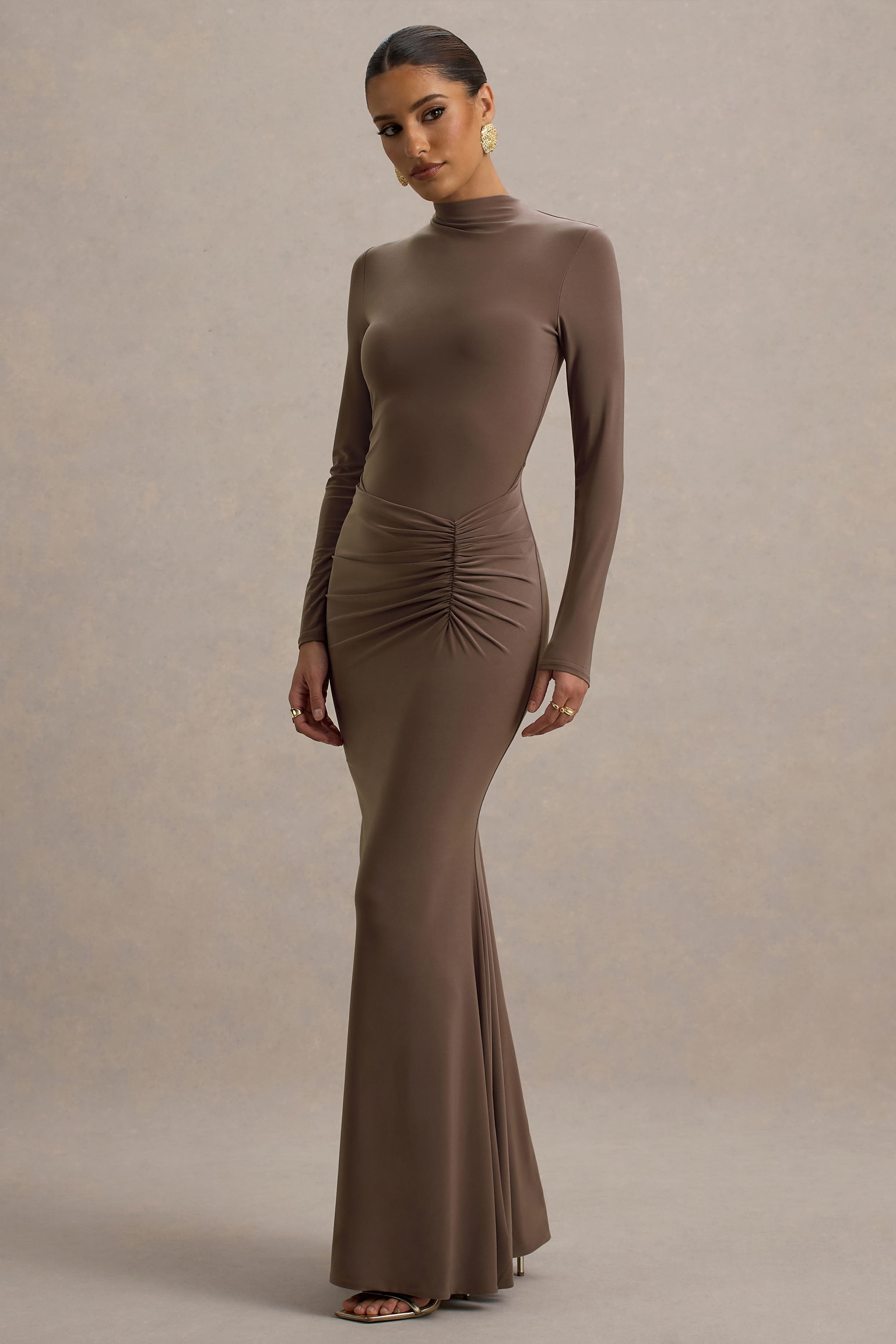 Reid | Brown Long-Sleeve Gathered Maxi Dress-Sowoom