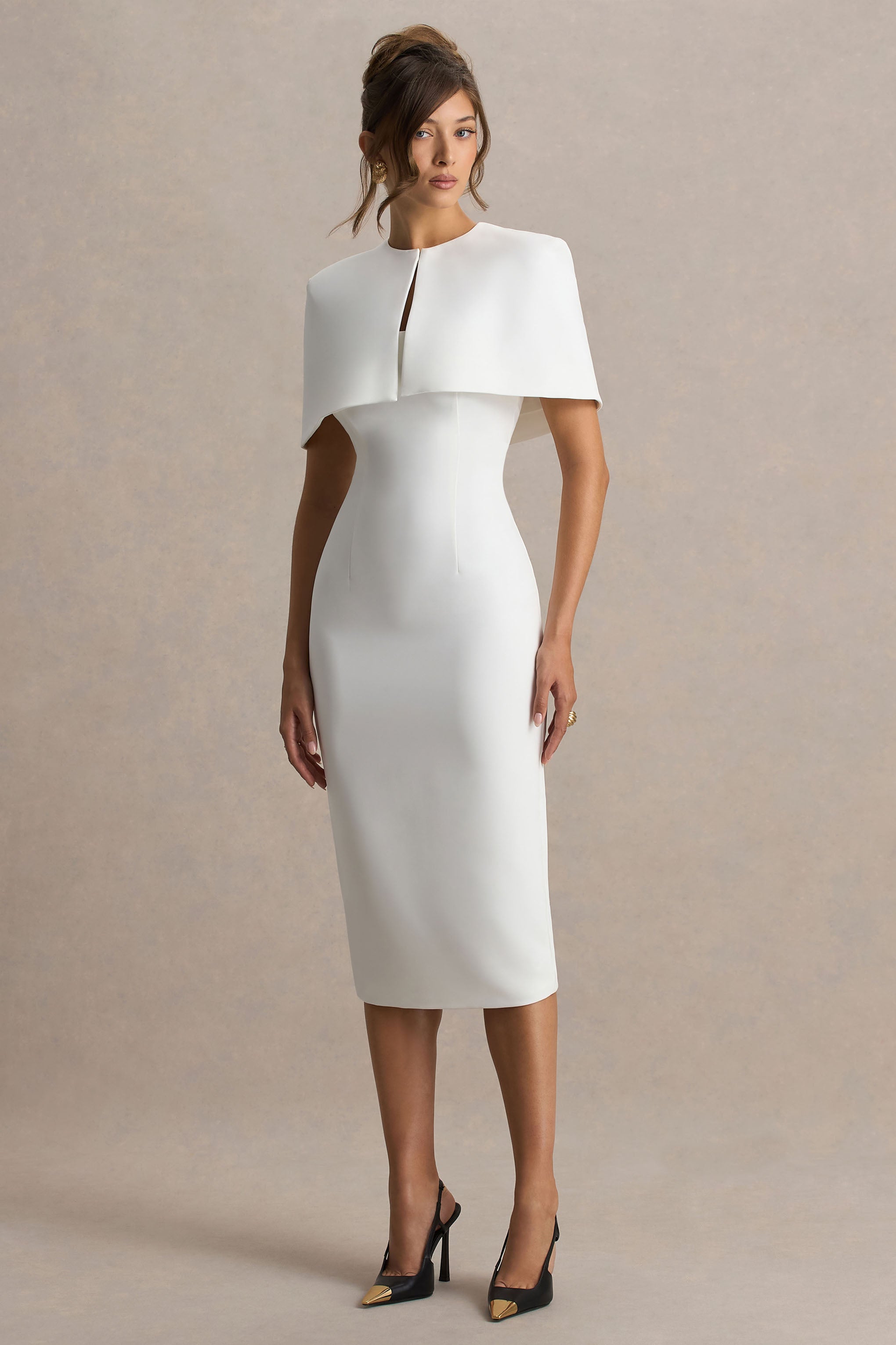 Baylor | White Midi-Dress With Removable Cape-Sowoom