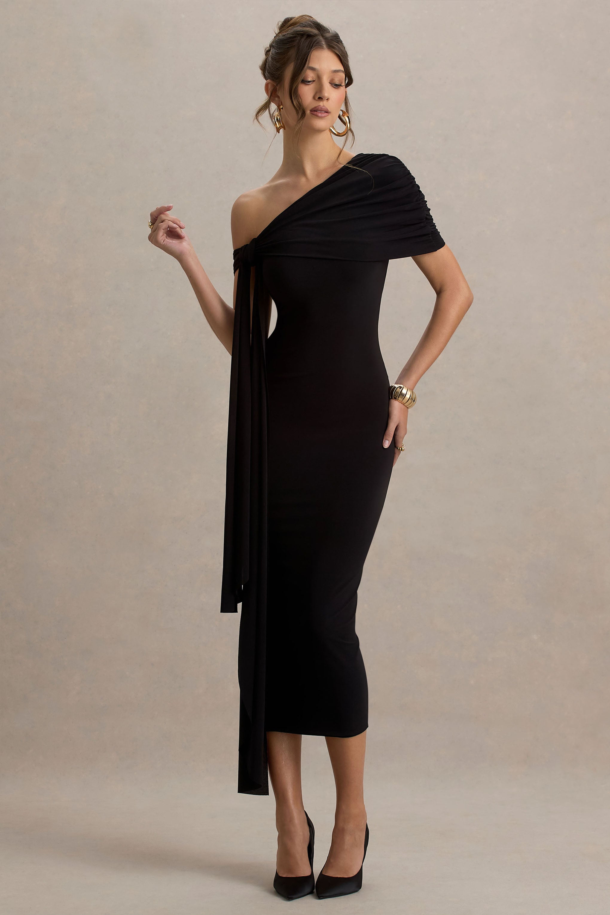 Praia | Black Asymmetric-Neck Maxi Dress With Sash and Draped Detailing-Sowoom