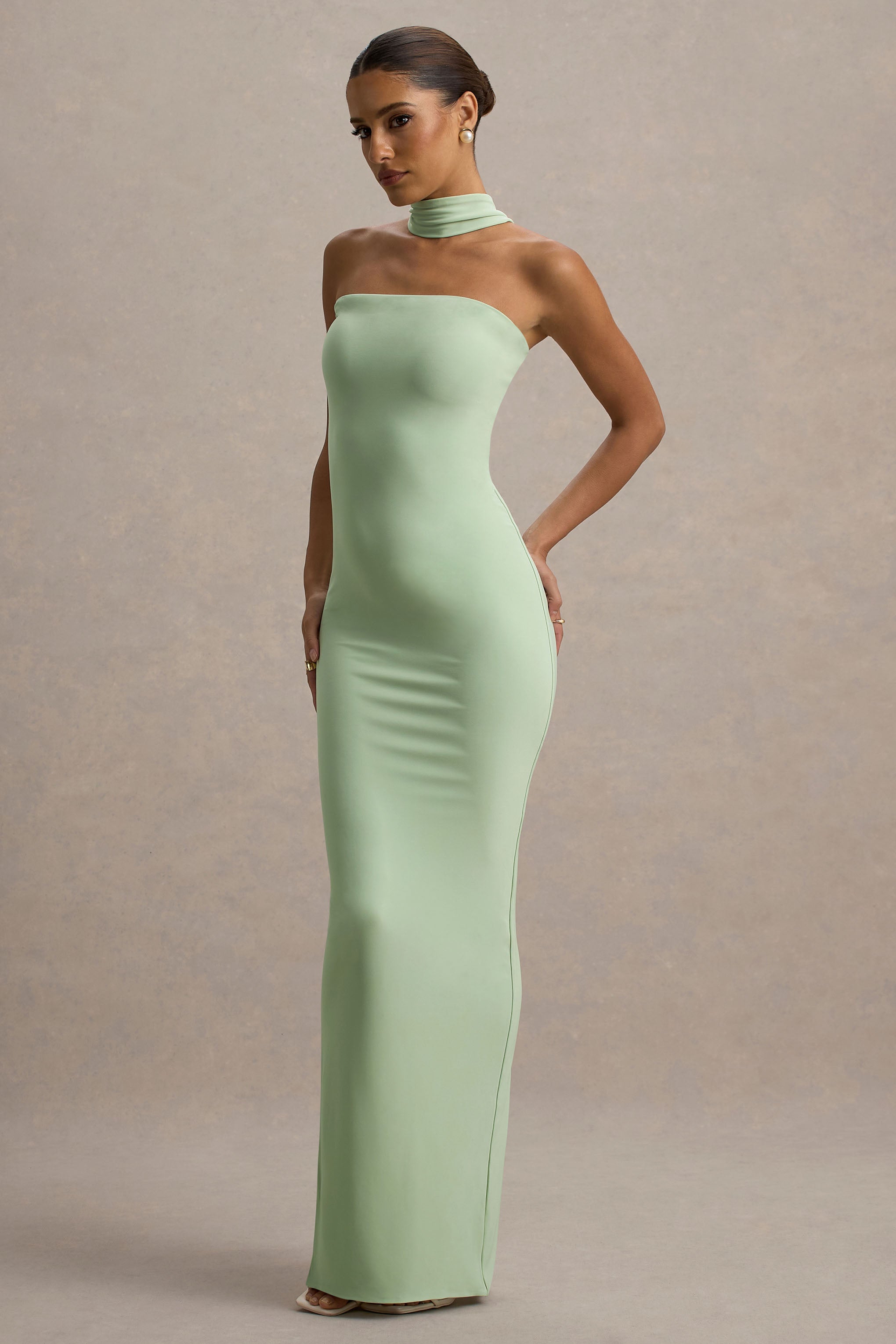 Nobu | Light Green Bandeau Maxi Dress With Halter-Collar-Sowoom