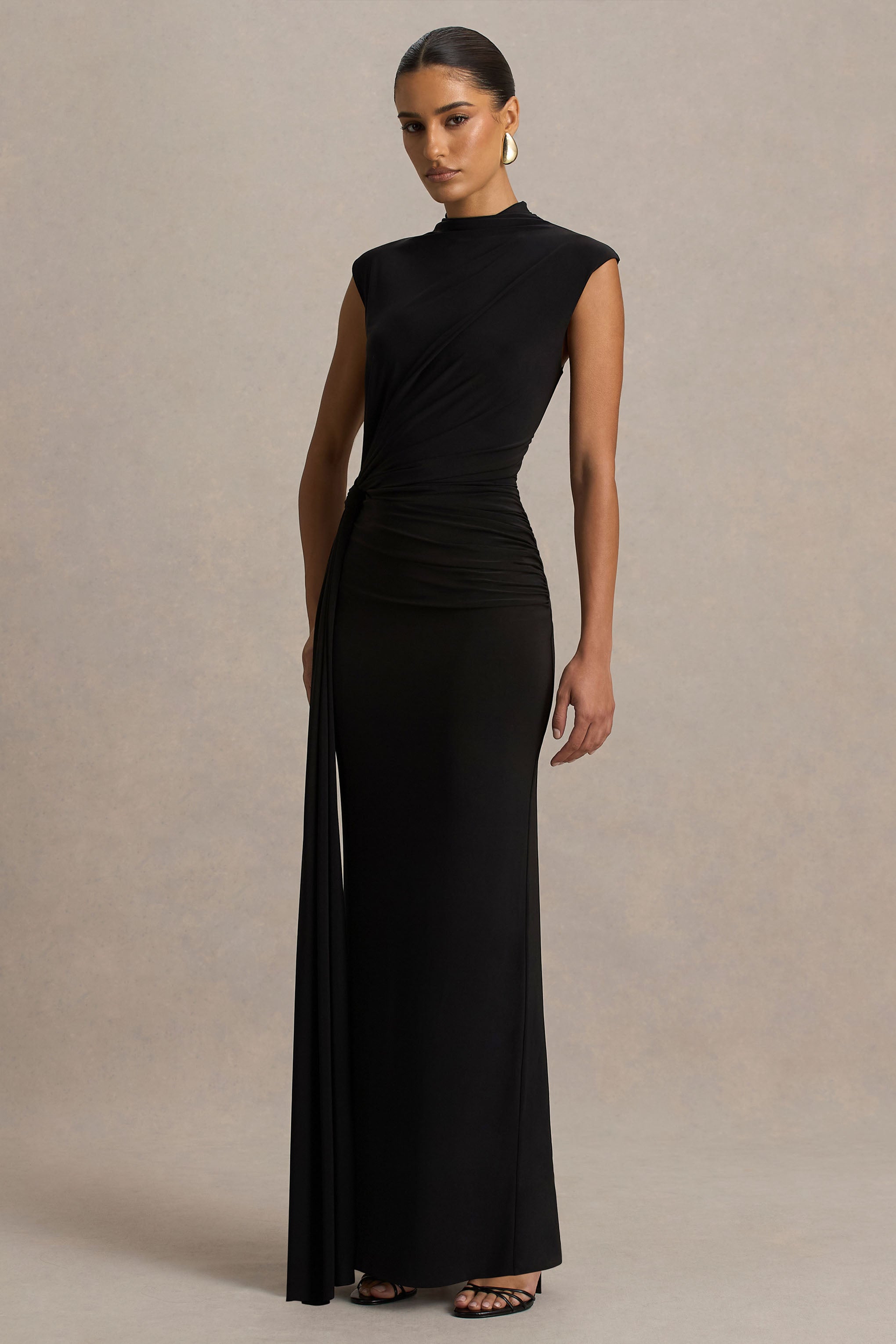 Solene | Black High-Neck Maxi Dress With Wrap And Drape Detail-Sowoom