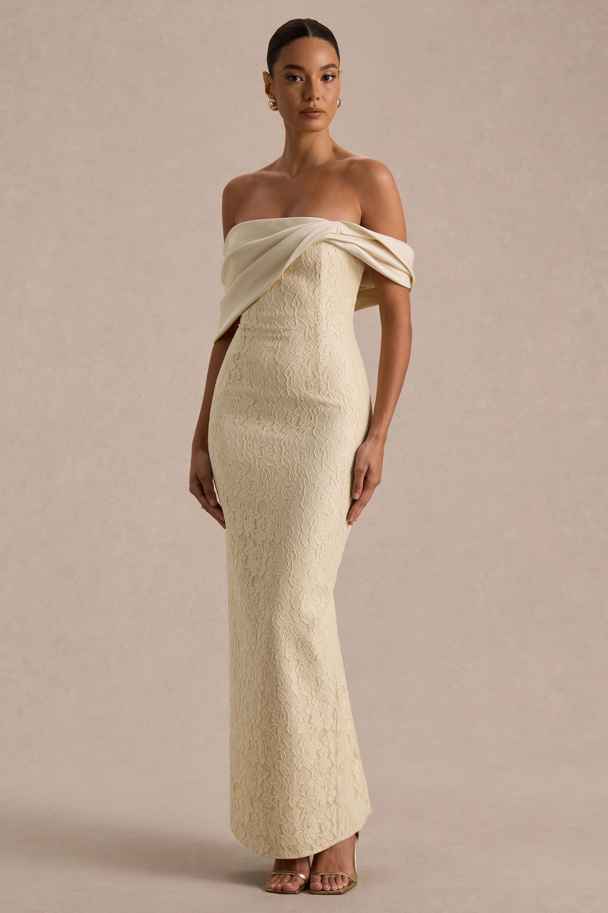 Solora | Cream Lace Twisted Bardot-Neck Maxi Dress-Sowoom