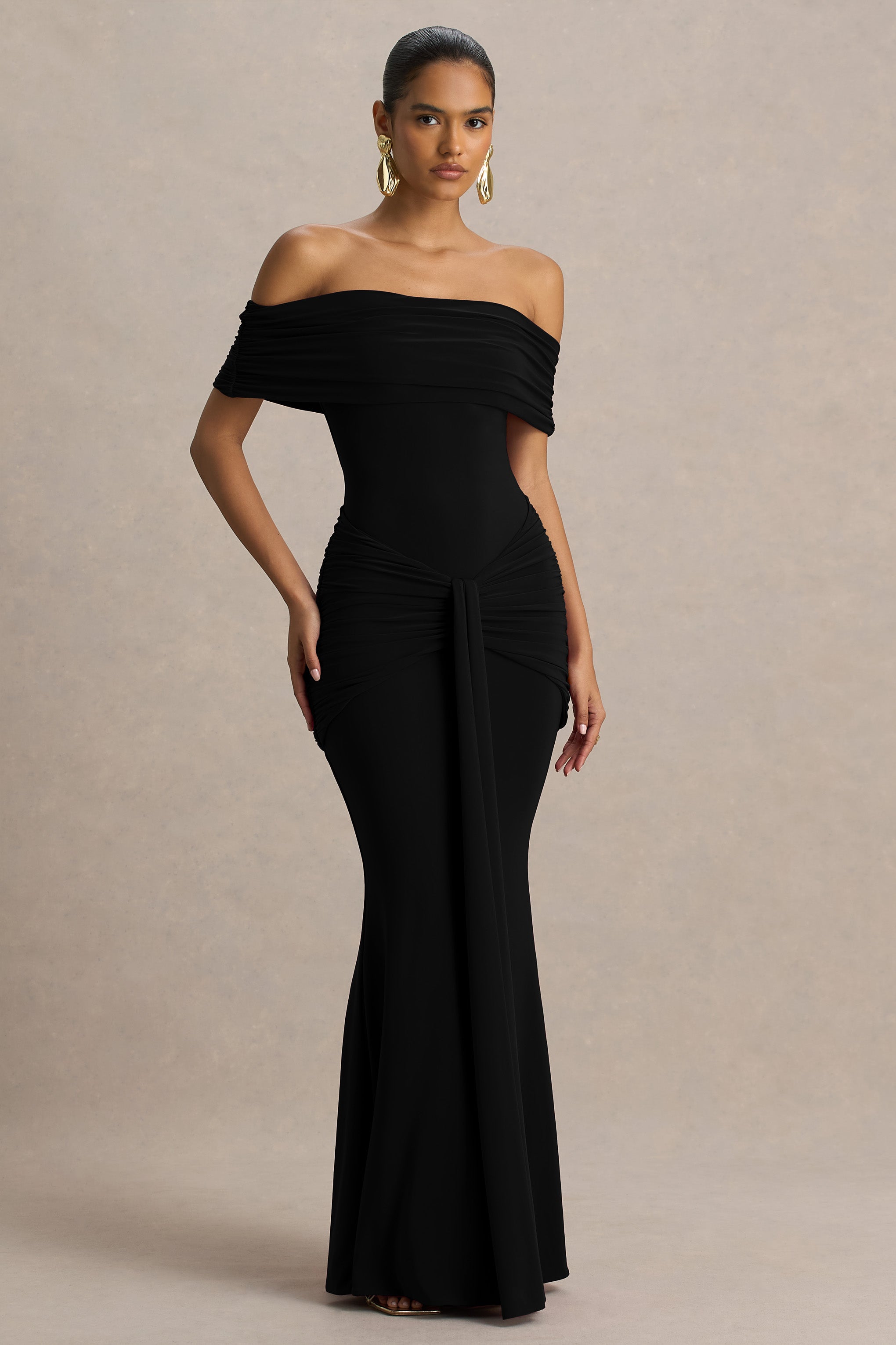 Envisioned | Black Bardot-Neck Maxi Dress With Gathered And Drape Detail-Sowoom