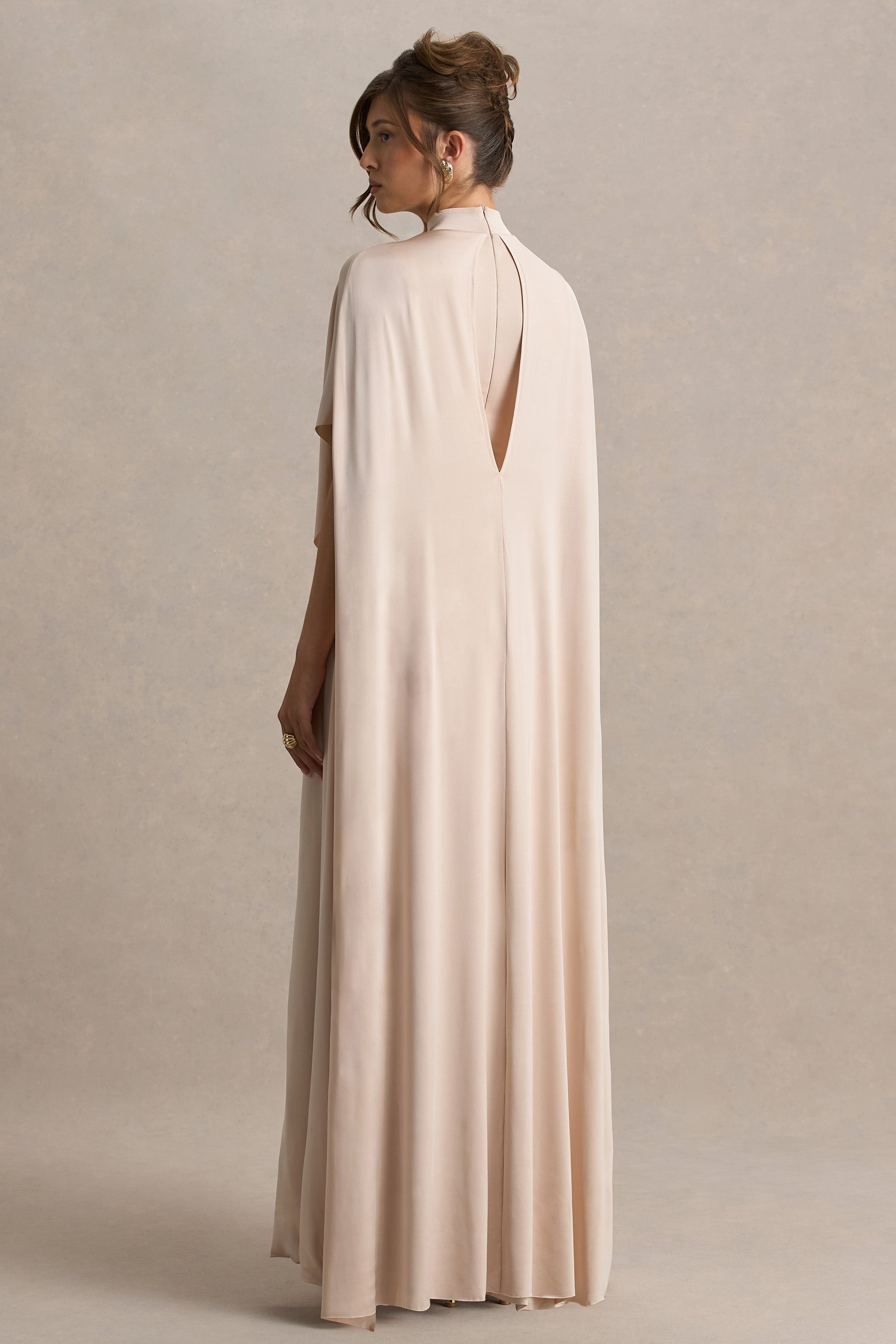 Olessia | Champagne Belted Gathered Cape-Sleeve Maxi Dress-Sowoom