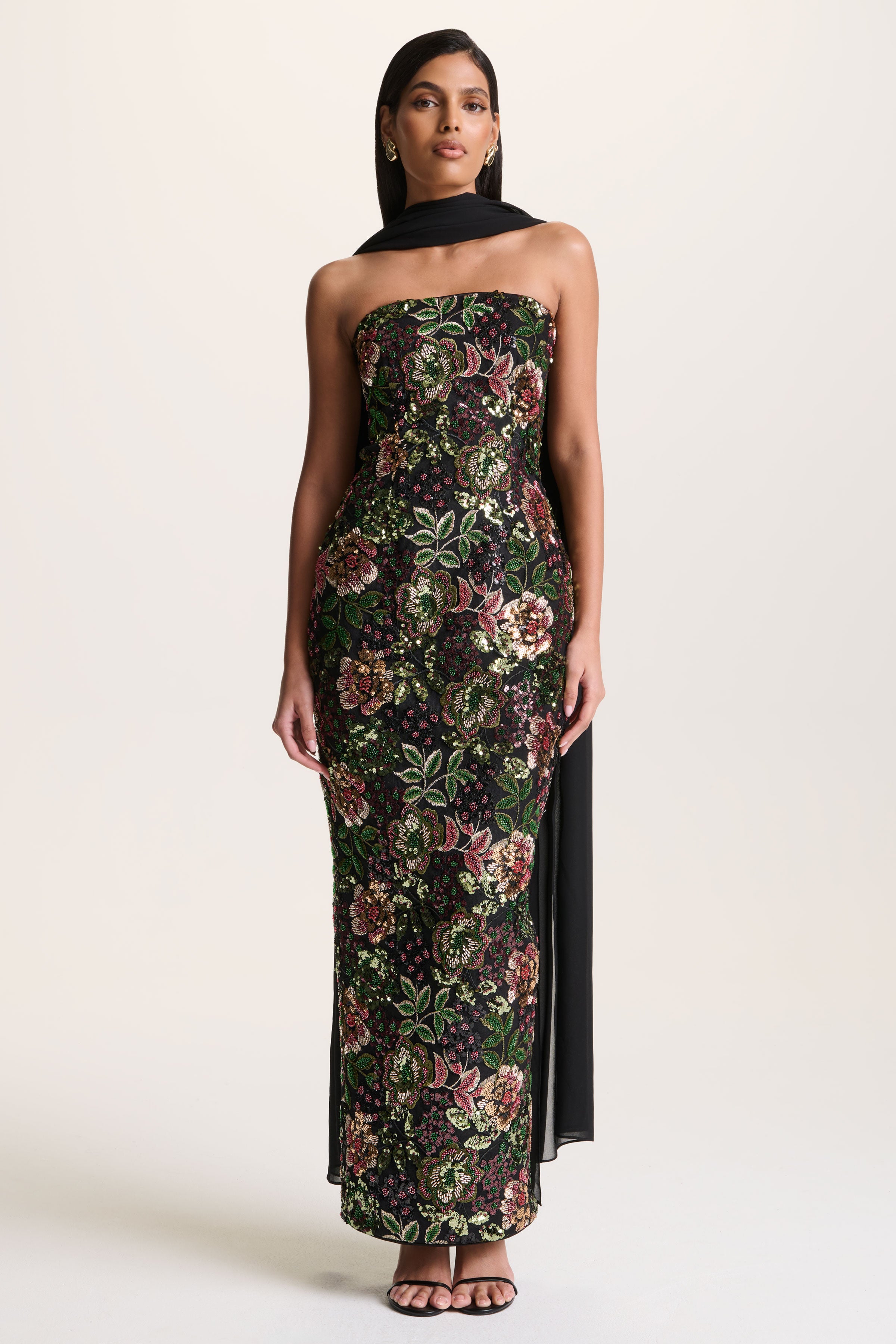 Cora | Winter Floral Embellished Mesh Bandeau Maxi Dress With Scarf-Sowoom