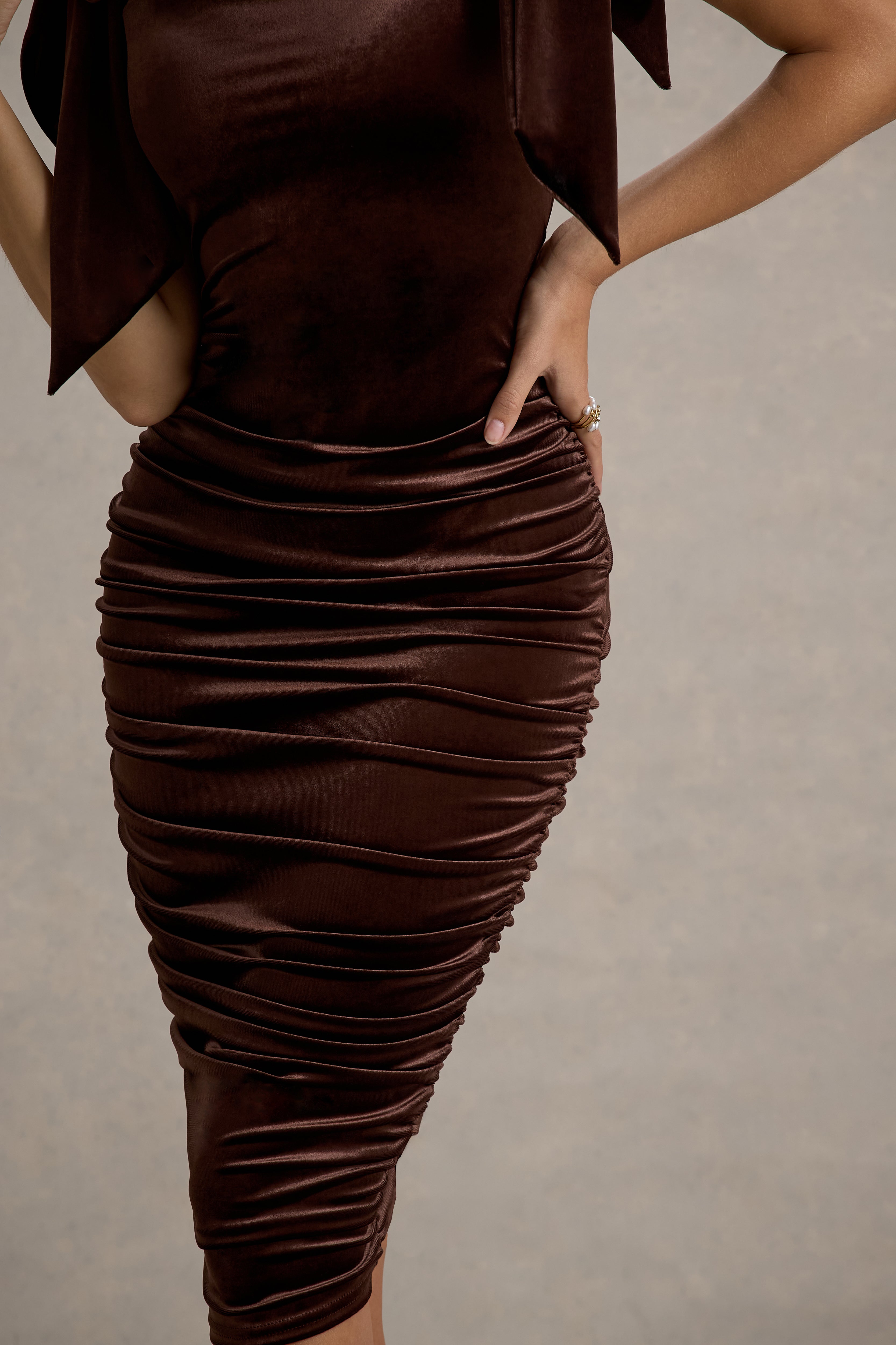 Tarna | Brown Velvet Midi Dress With Bow Straps-Sowoom