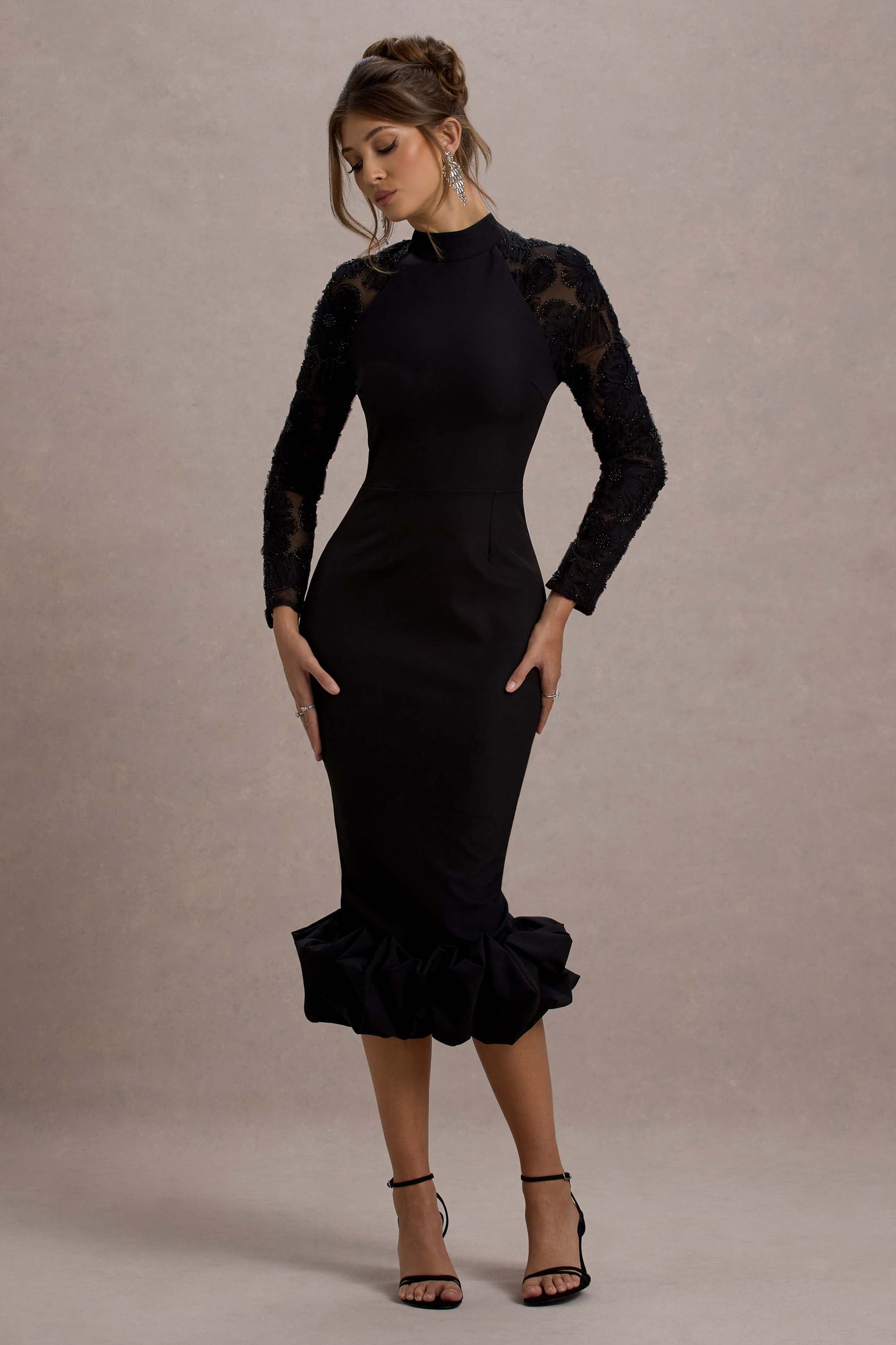Chandra | Black Mesh Long-Sleeve Midi Dress With Ruffle Hem-Sowoom
