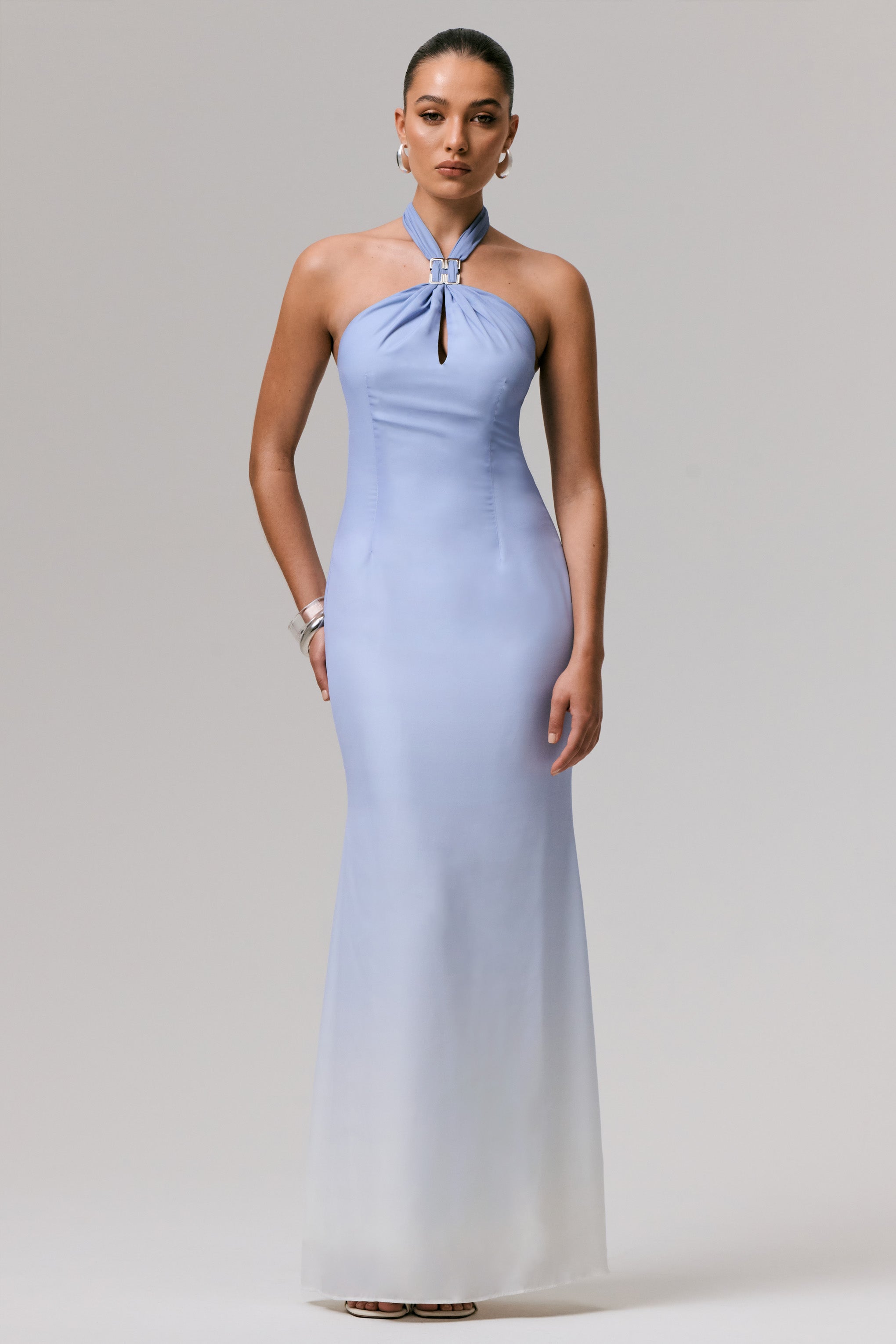 Sharni | Blue Ombre Chiffon Halter-Neck Maxi Dress-Sowoom