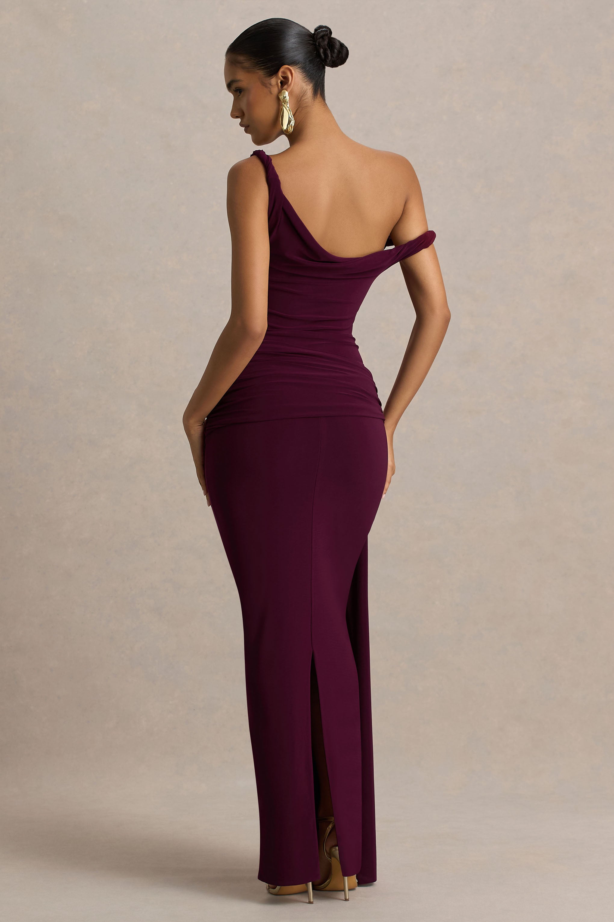 Tulisa | Burgundy Asymmetric-Neck Maxi Dress With Twist Sleeves And Ruched Detailing-Sowoom