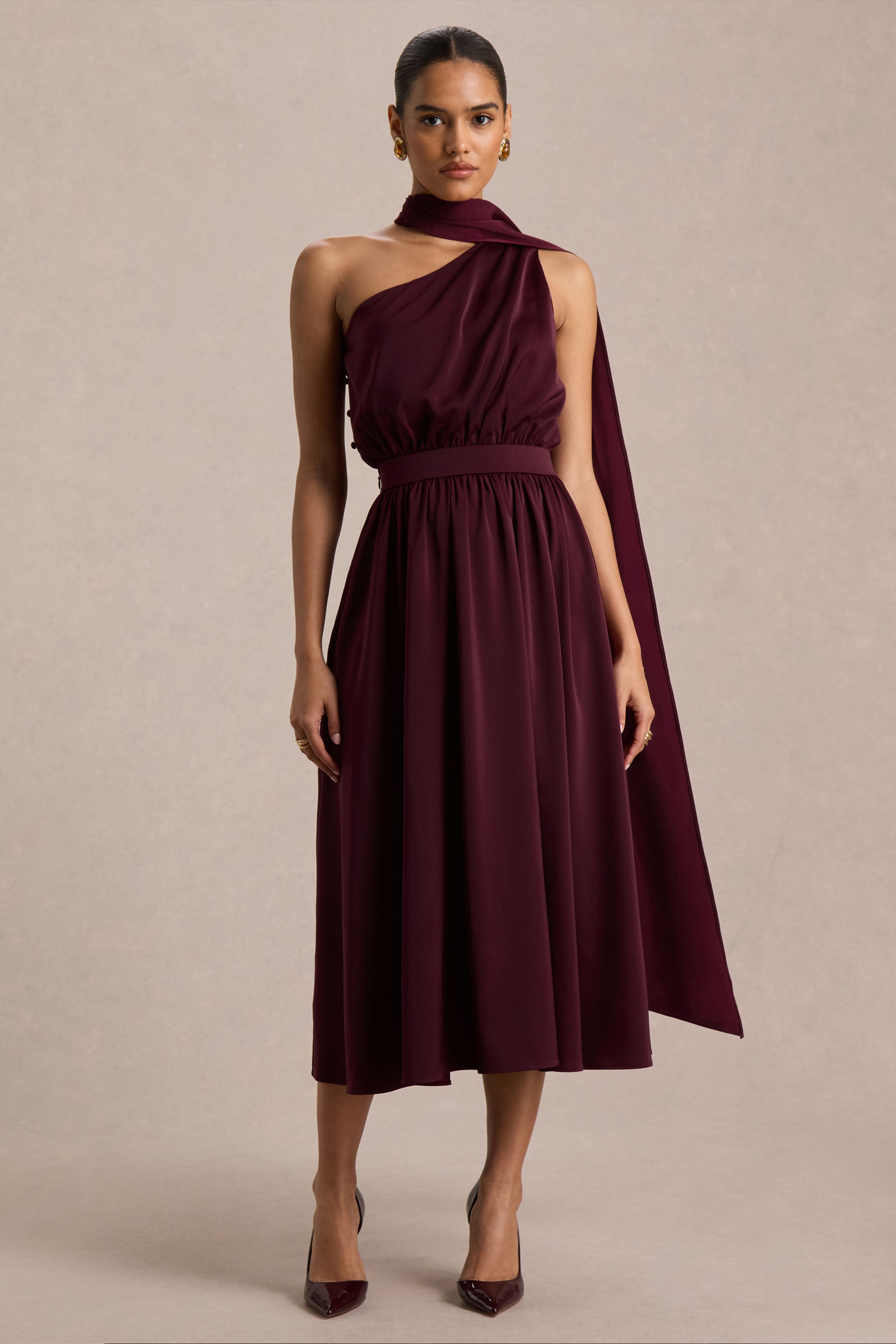Caluna | Burgundy Satin Asymmetric-Neck Midi Dress With Scarf-Detail-Sowoom