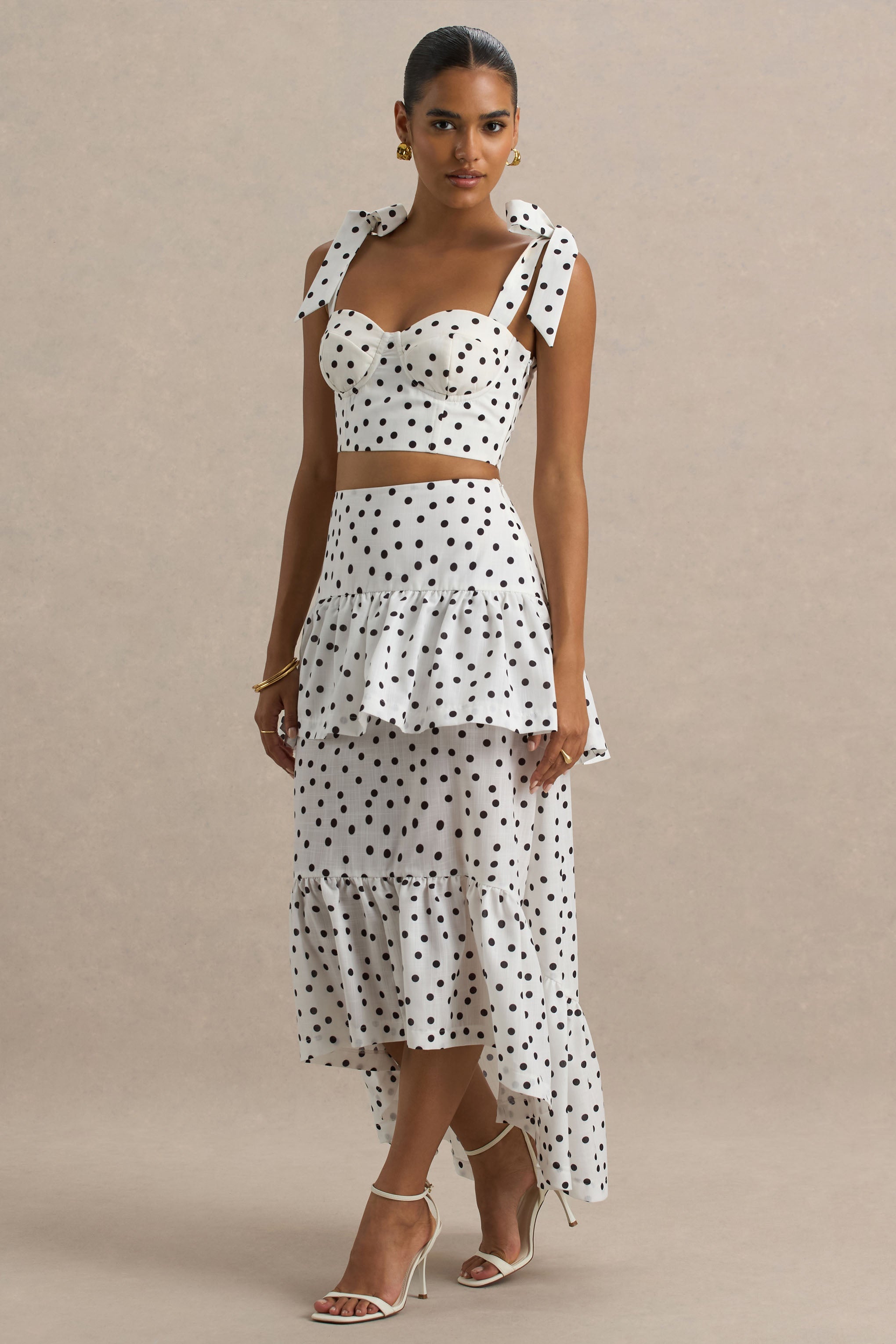 Emry | White Polka Dot High-Waist Maxi Skirt With Ruffle Detail-Sowoom