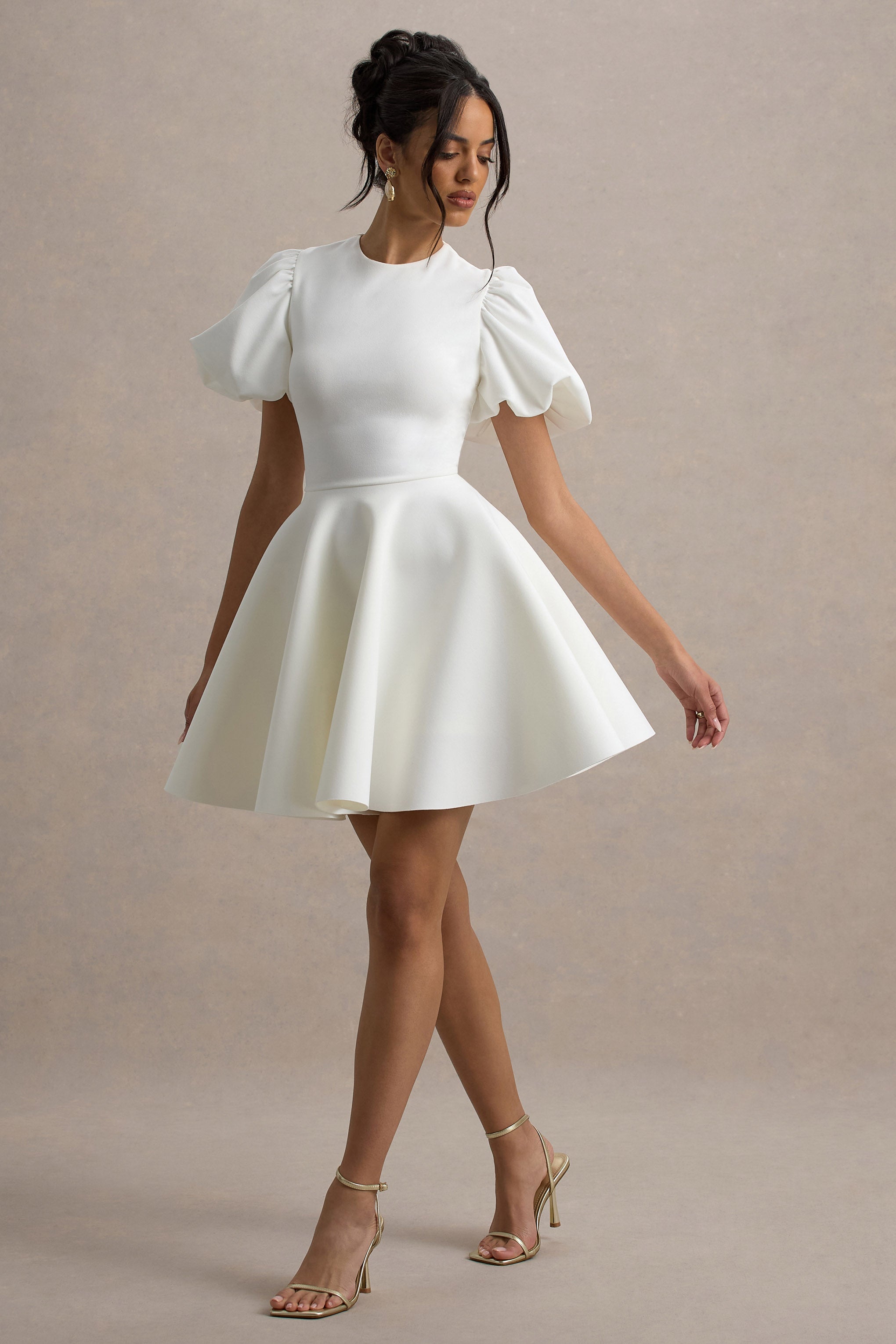 Emelia | White Puff-Sleeve Skater Mini Dress-Sowoom