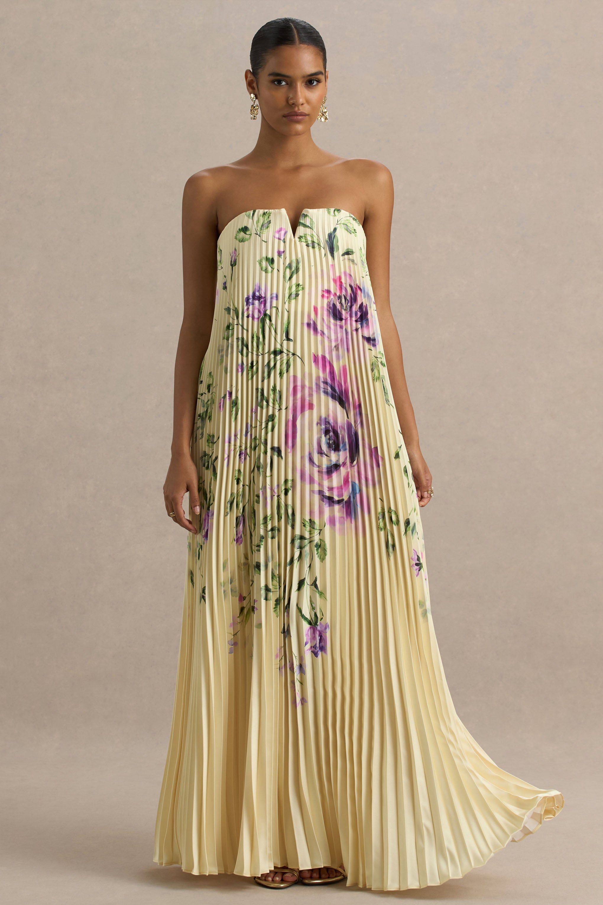 Bergamot | Lemon Rose Print Satin Sweetheart Maxi Dress-Sowoom
