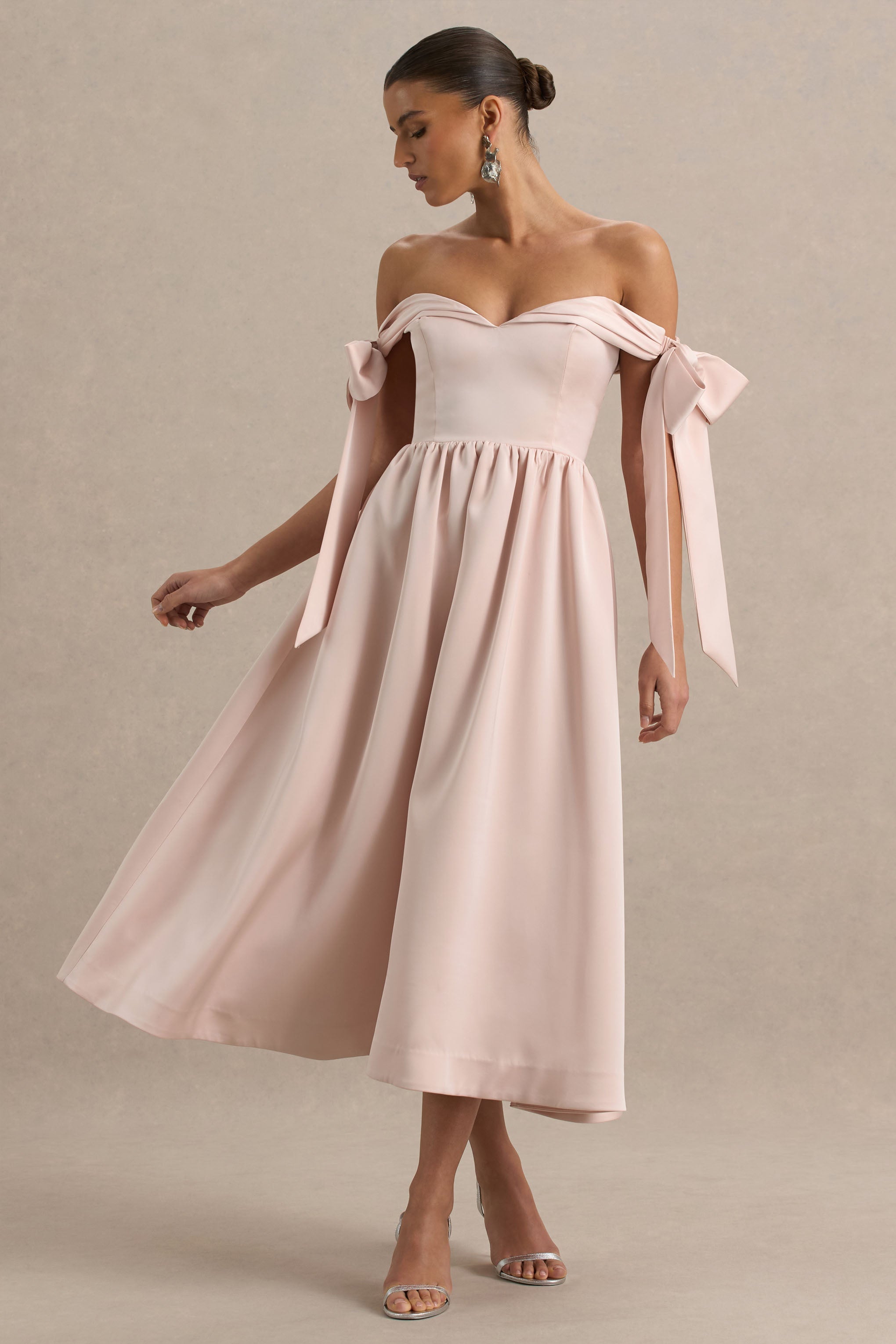 Agafay | Rose Pink Satin Short-Sleeve Bardot Wrap Midi Dress With Bow Detail-Sowoom