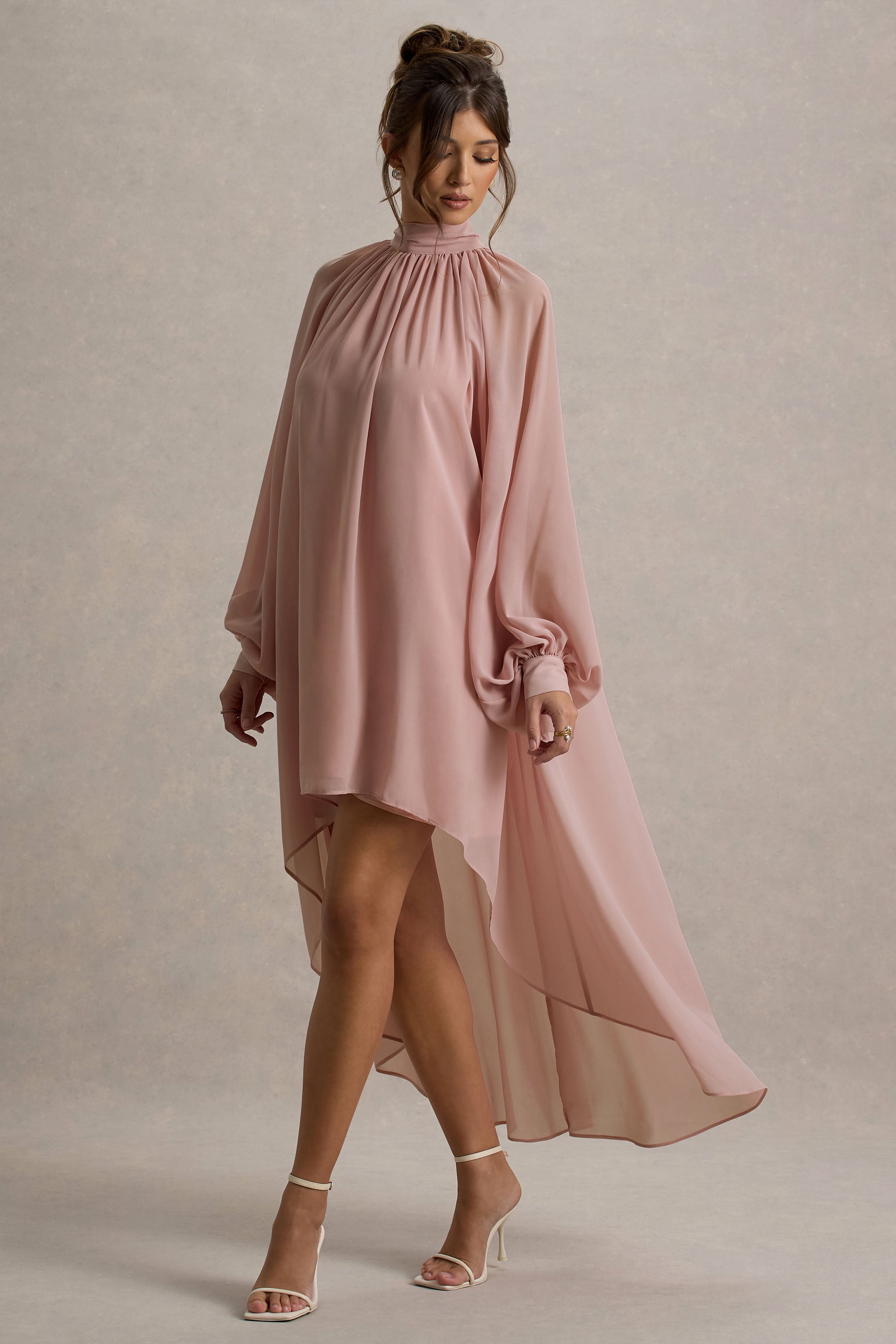 Delphia | Pale Pink High-Neck Maxi Dress With High-Low Hem-Sowoom