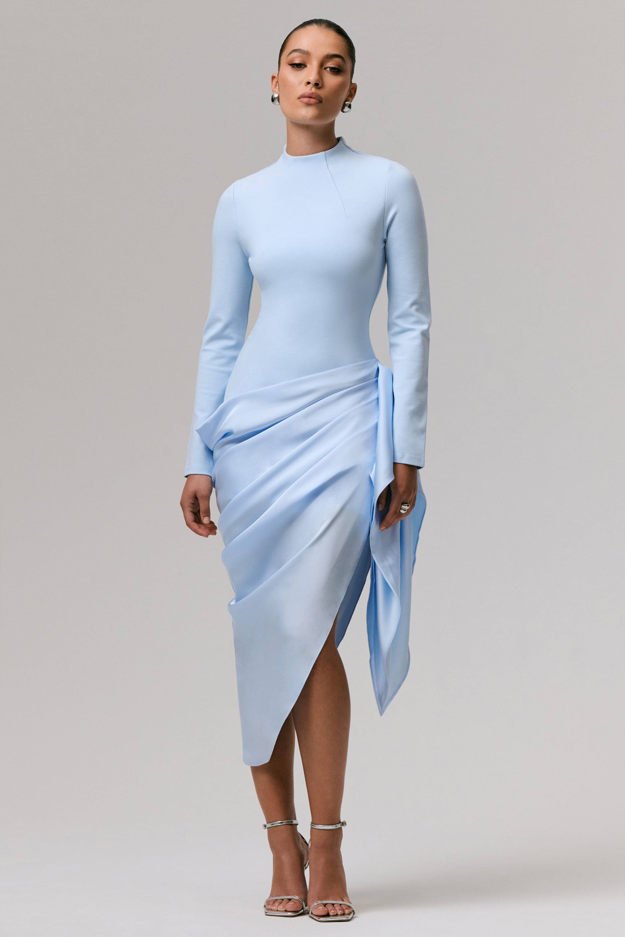 Raffie | Powder Blue Long-Sleeve Midi Dress With Satin Wrap Skirt-Sowoom