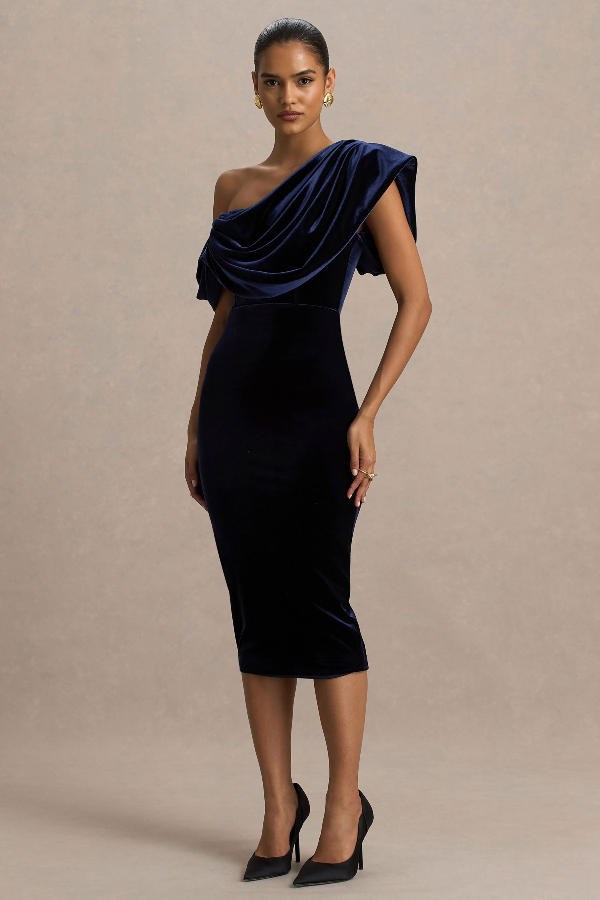 High End | Navy Velvet Asymmetric-Neck Midi Dress With Draped Detailing-Sowoom