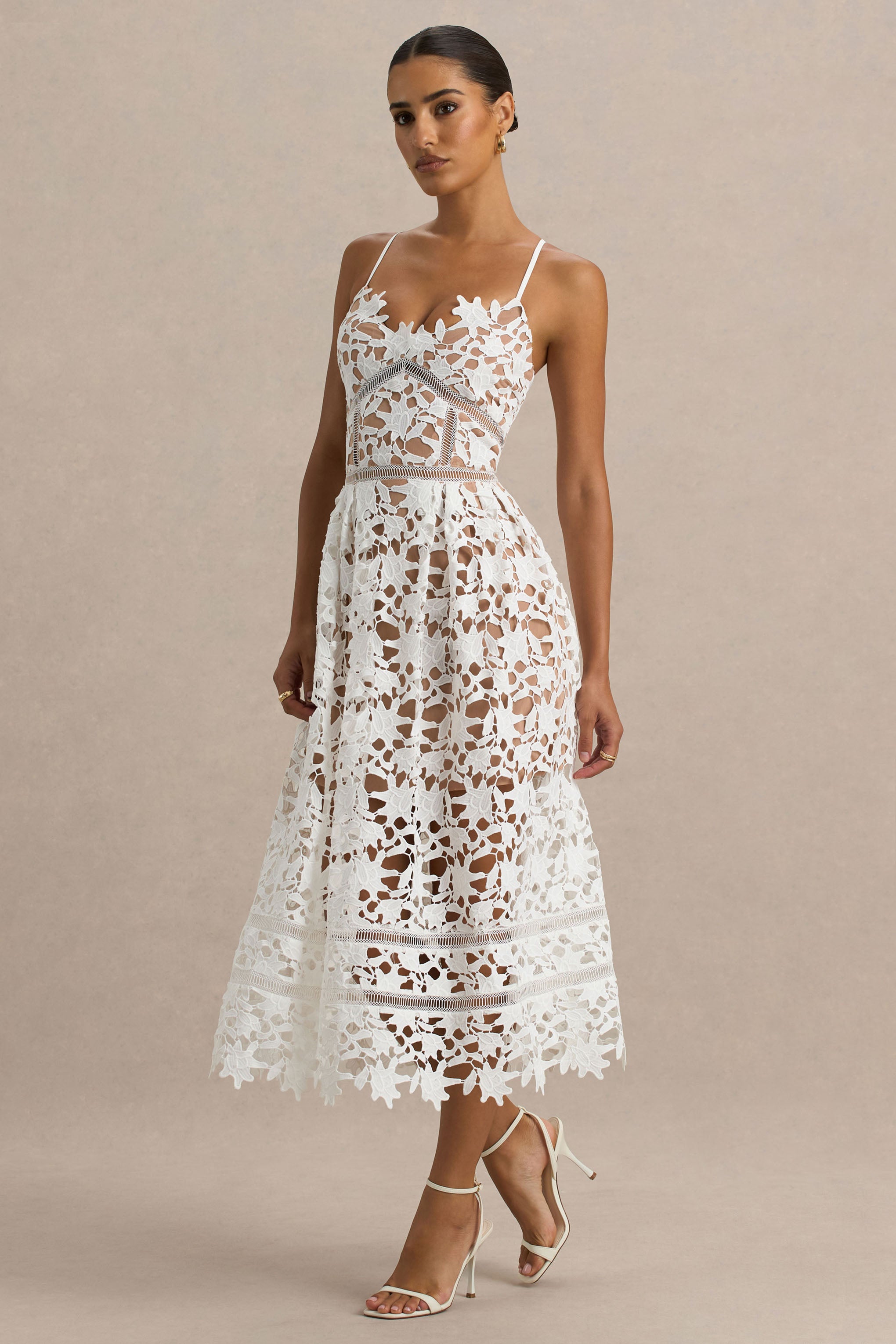 Zuri | White Lace Sweetheart Midi Dress With Cami Straps-Sowoom