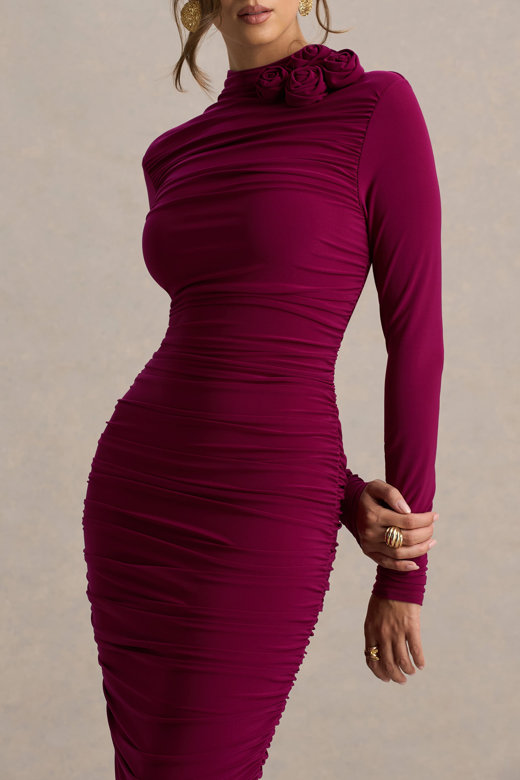 Tamara | Burgundy Long-Sleeve Ruched Midi Dress-Sowoom