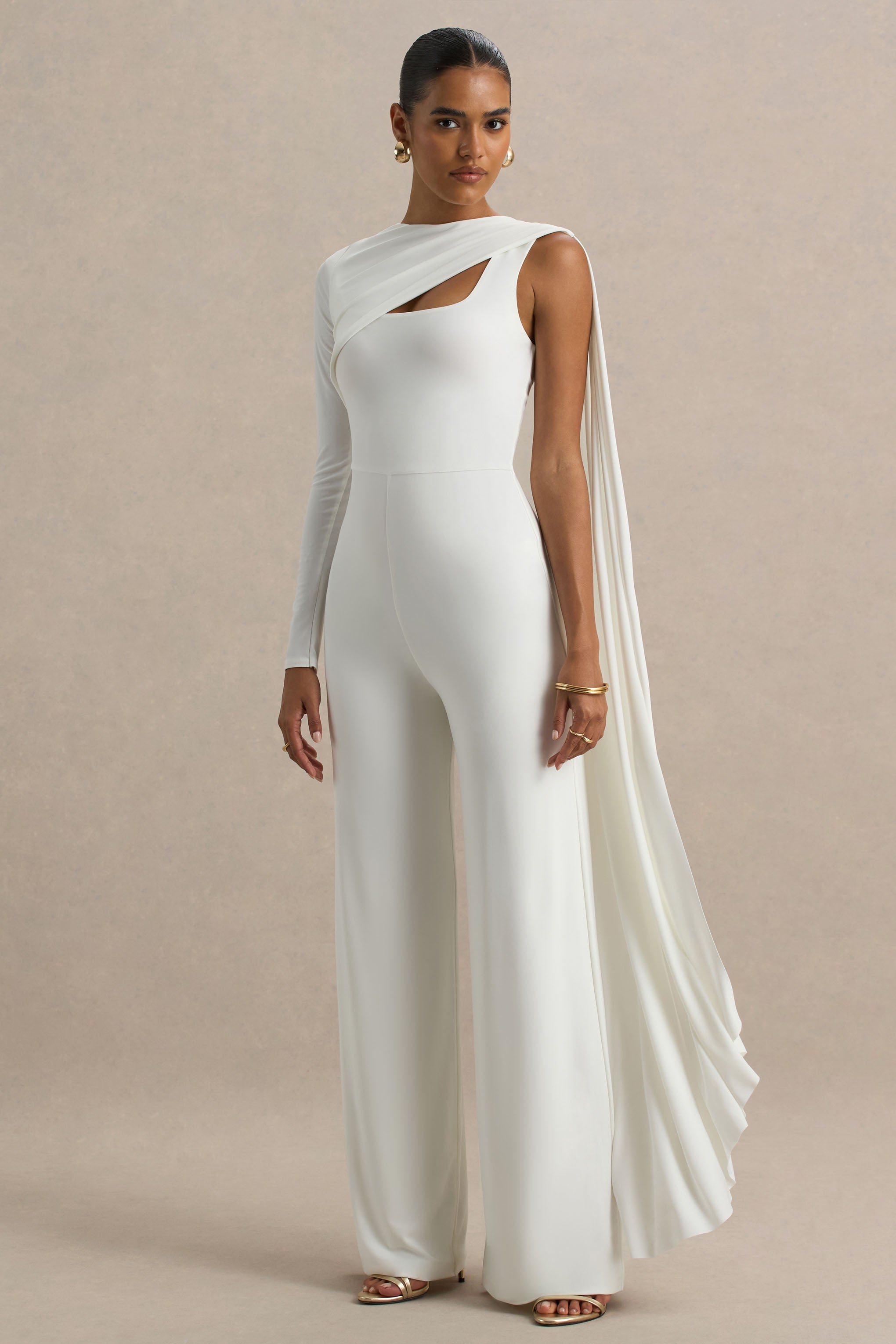 Graces | White High-Neck Jumpsuit With Cape Sleeve-Sowoom