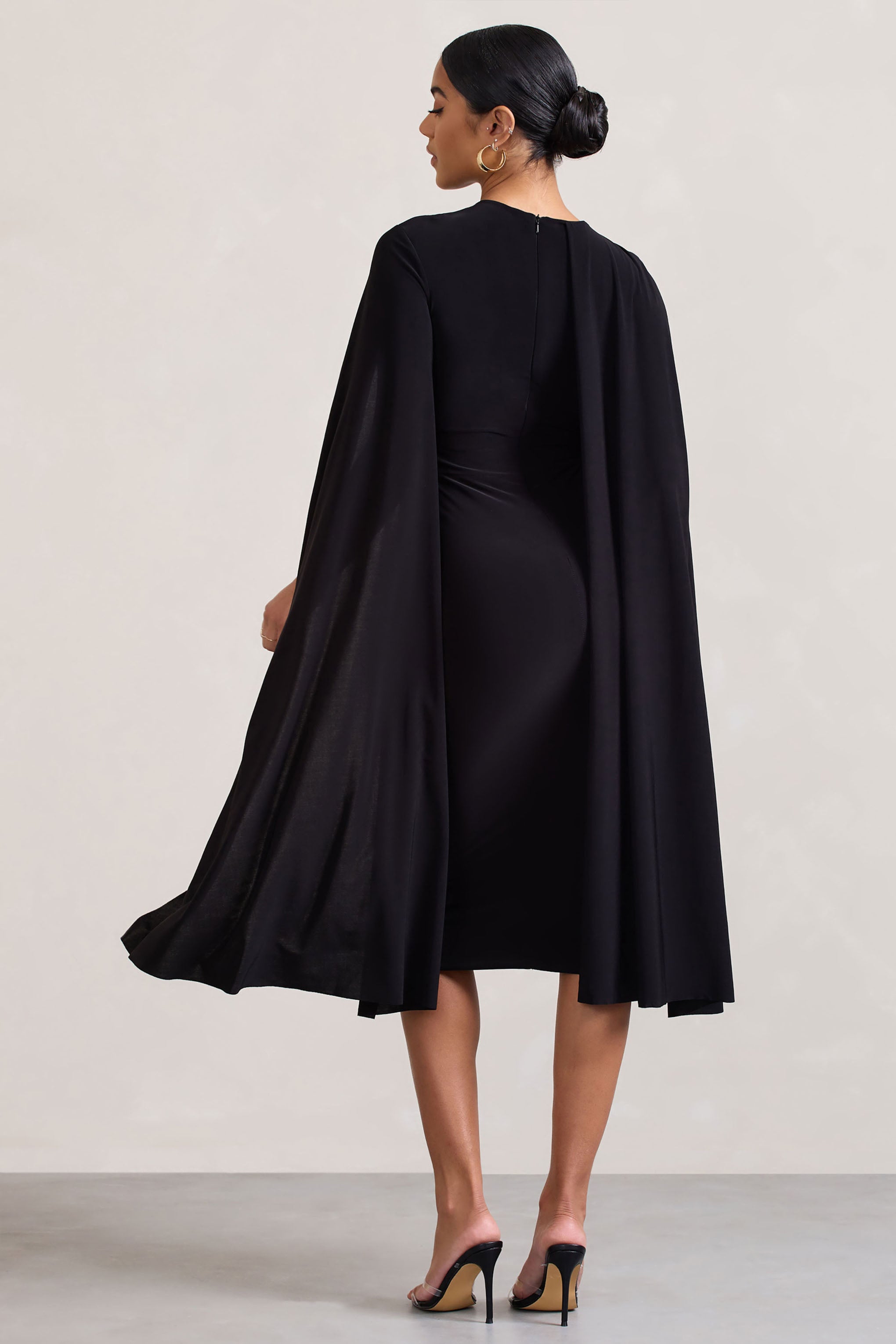 Marysol | Black Asymmetric Cape Midi Dress-Sowoom
