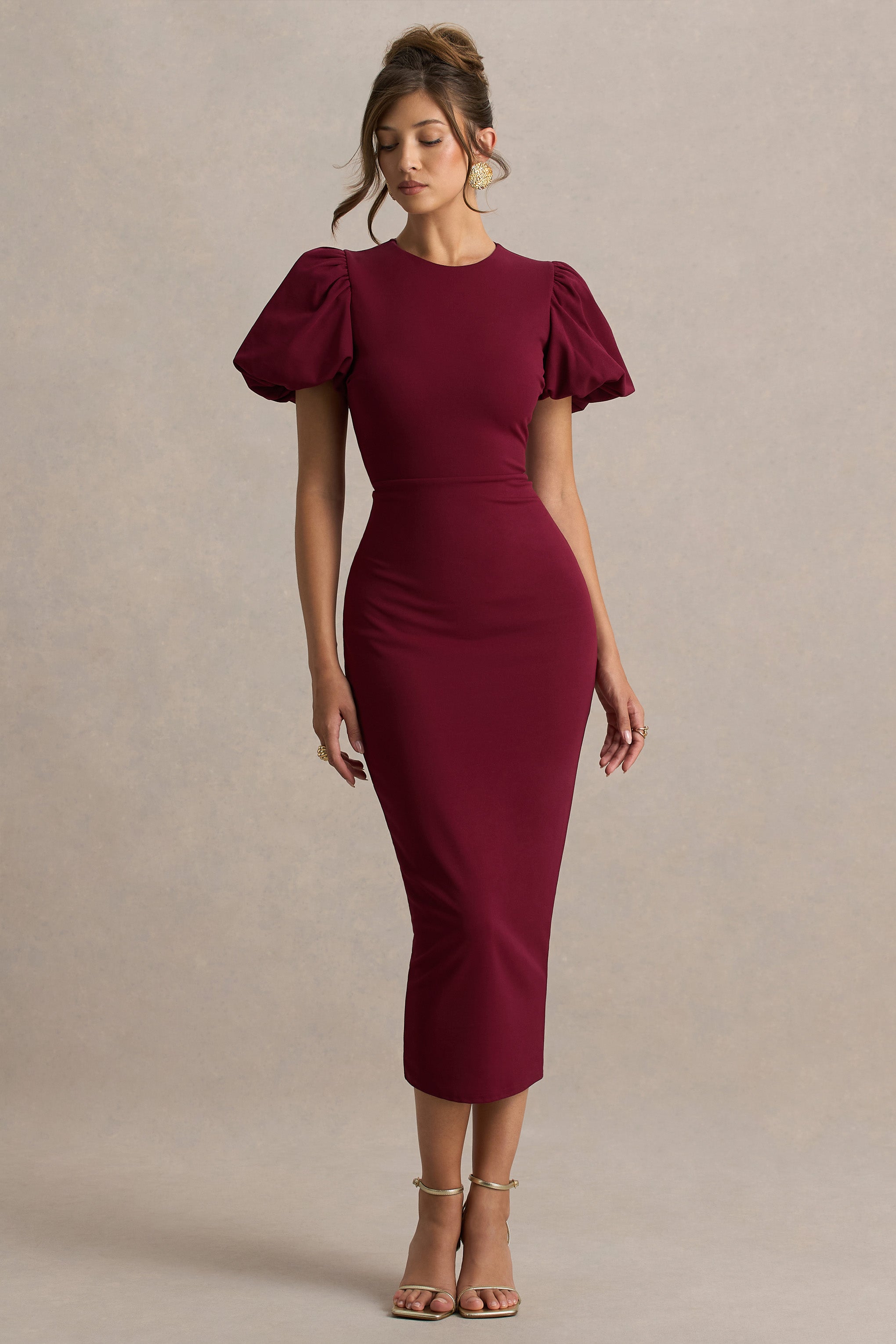Dakota | Burgundy Puff-Sleeve Midi Dress-Sowoom