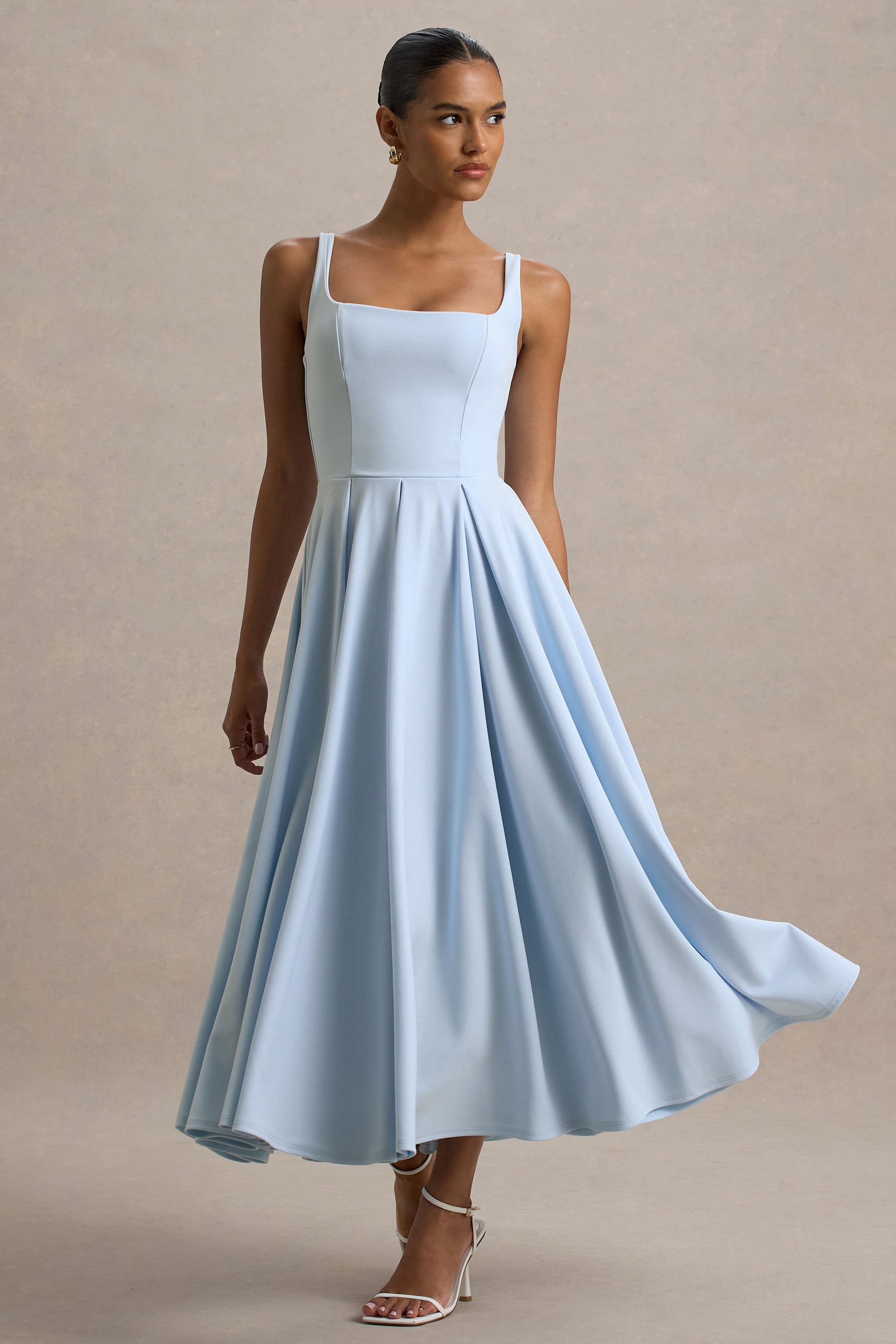 Parina | Powder Blue Strappy Volume-Hem Midi Dress-Sowoom