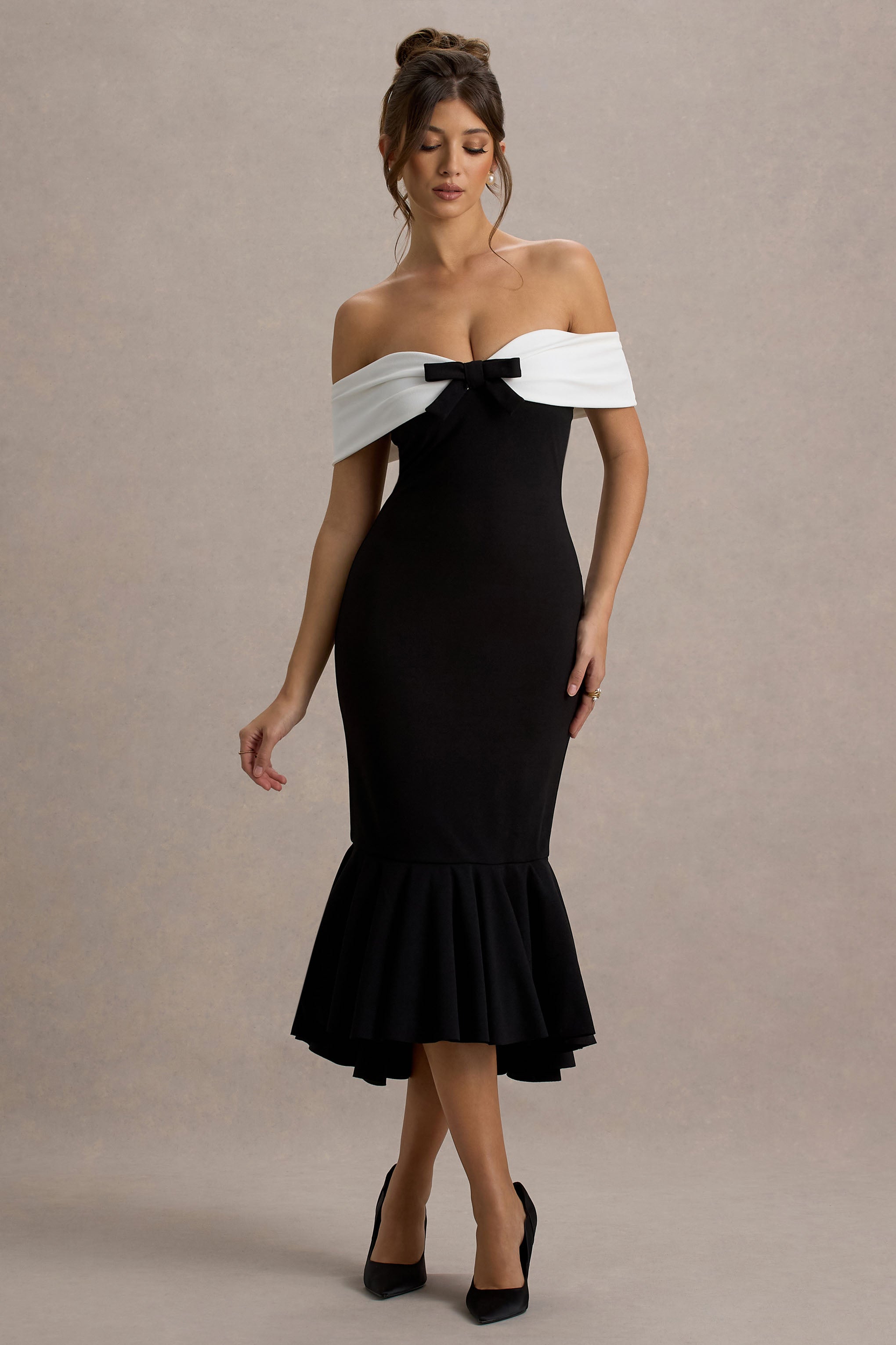 Corola | Black & White Bardot Volume-Hem Midi Dress-Sowoom